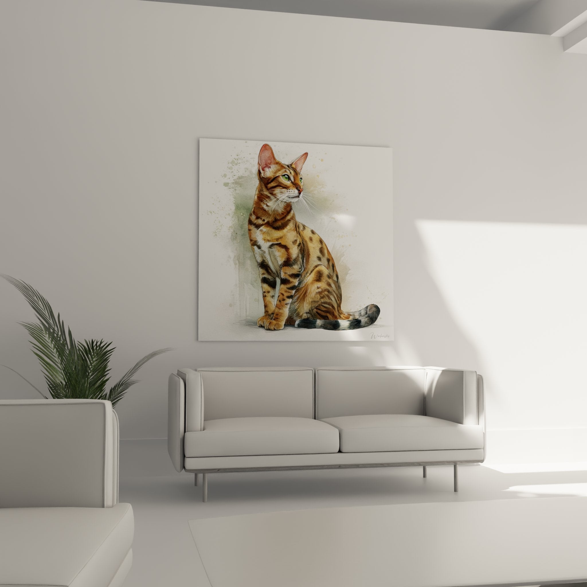 Gros plan tableau aquarelle chat Serengeti details pelage tachete yeux verts technique picturale