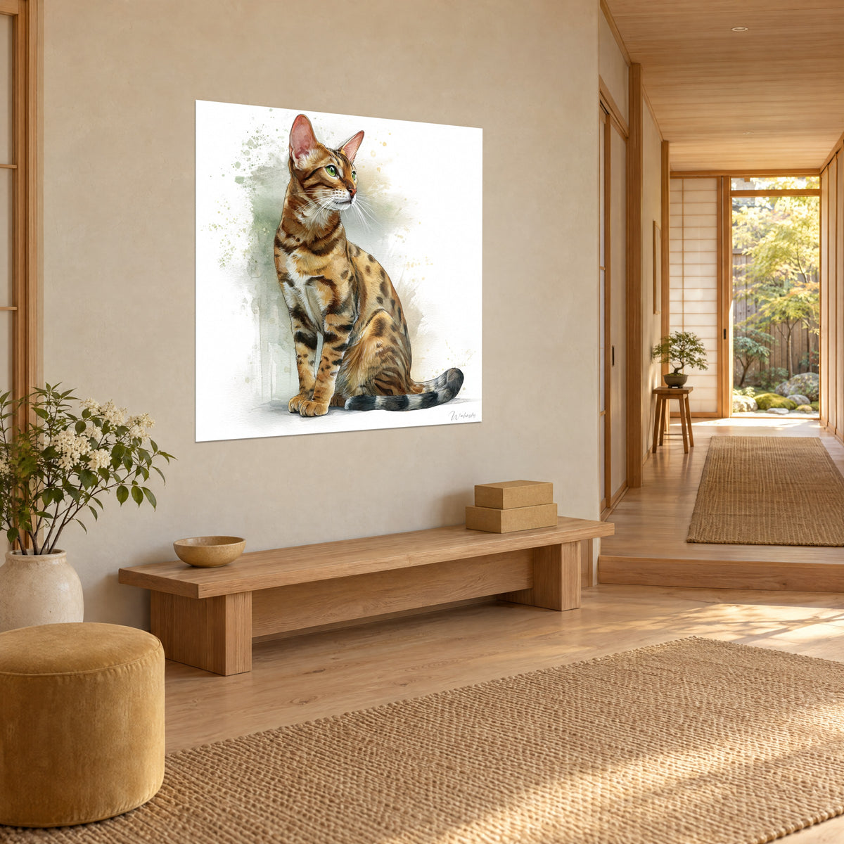 Schilderij van een zittende Serengeti-kat, roze oren rechtop, witte snorharen, amberkleurige vacht met bruine strepen, salieachtergrond, driekwartzicht in een gang