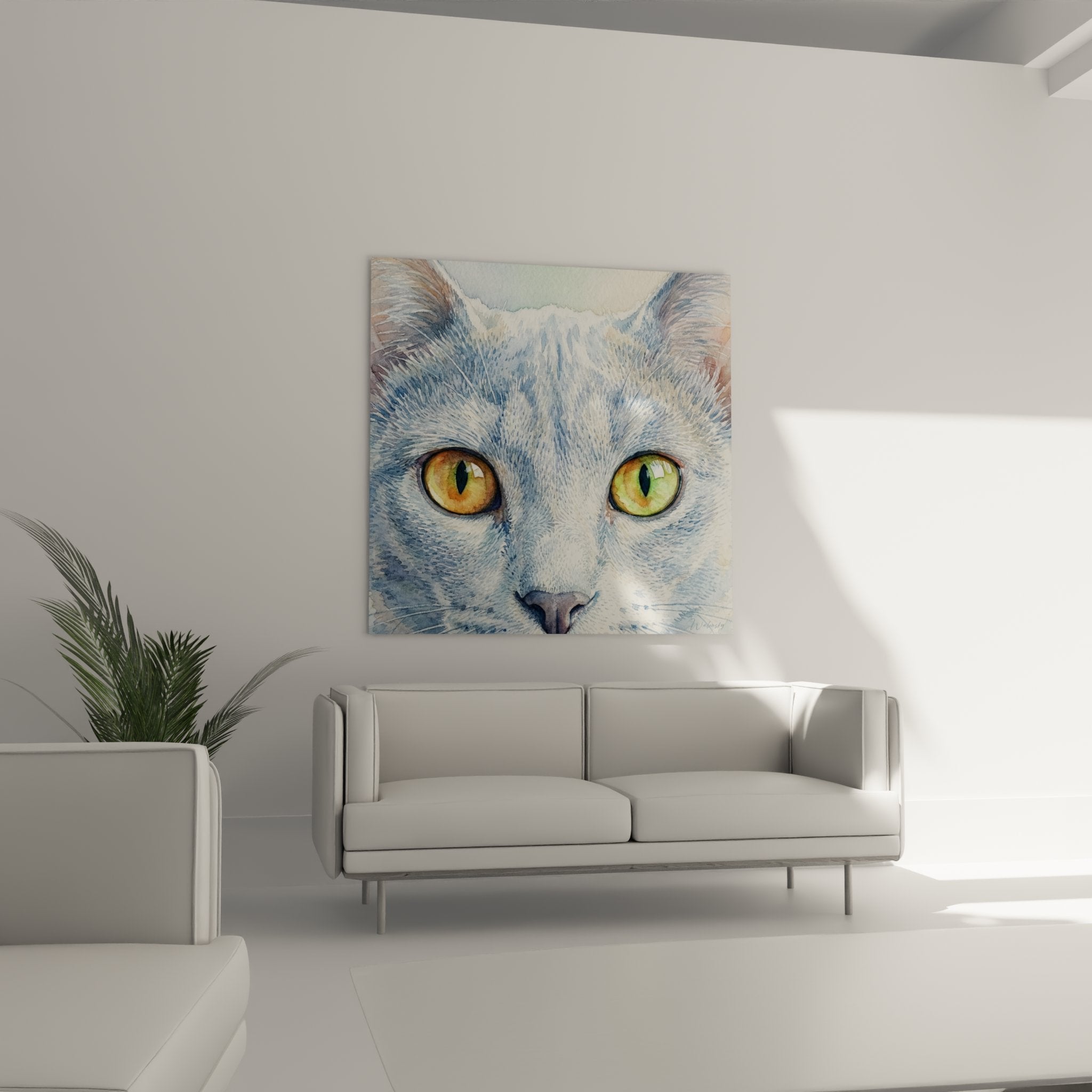 Gros plan sur les yeux verts hypnotiques du chat, détail artistique aquarelle haute qualité
