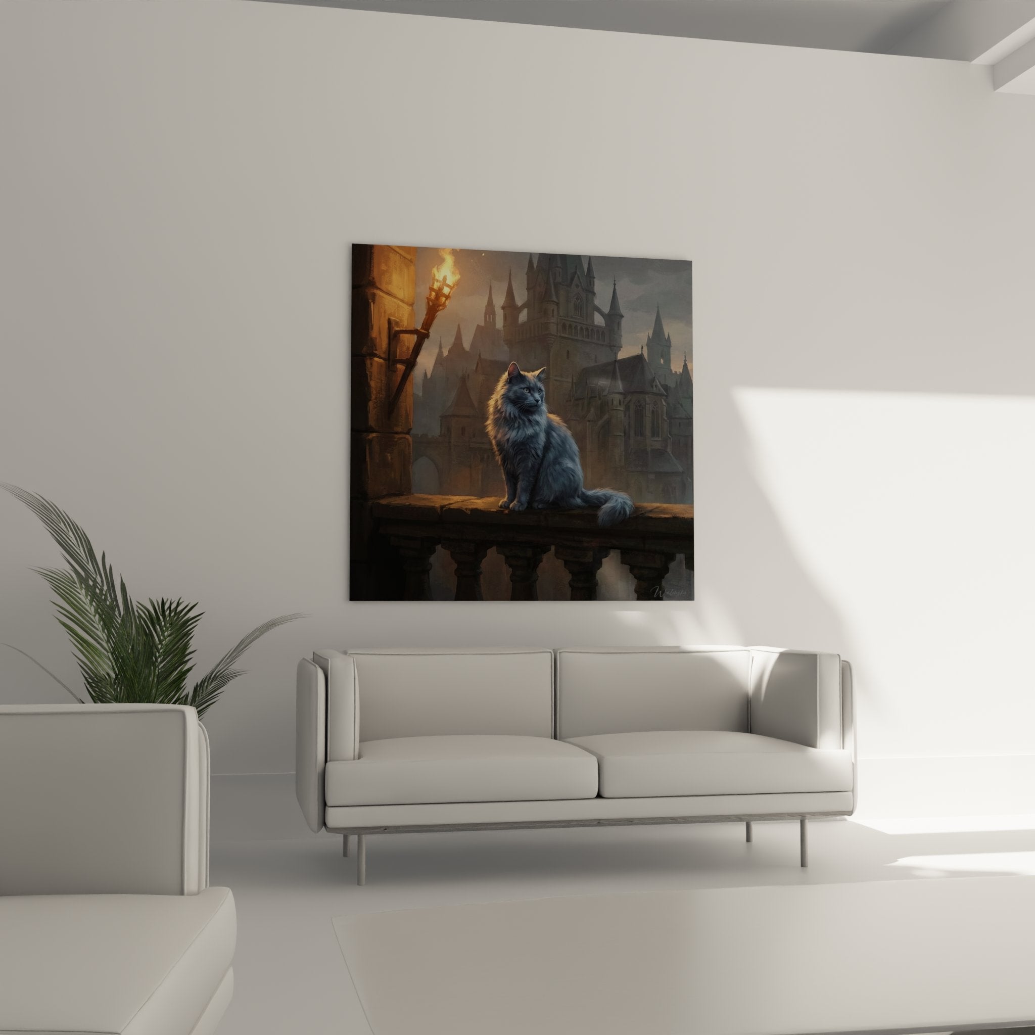 Nahaufnahme einer Nebelung-Katze mit durchdringend blauen Augen und seidig grauem Fell, Details des dichten und seidigen Fells