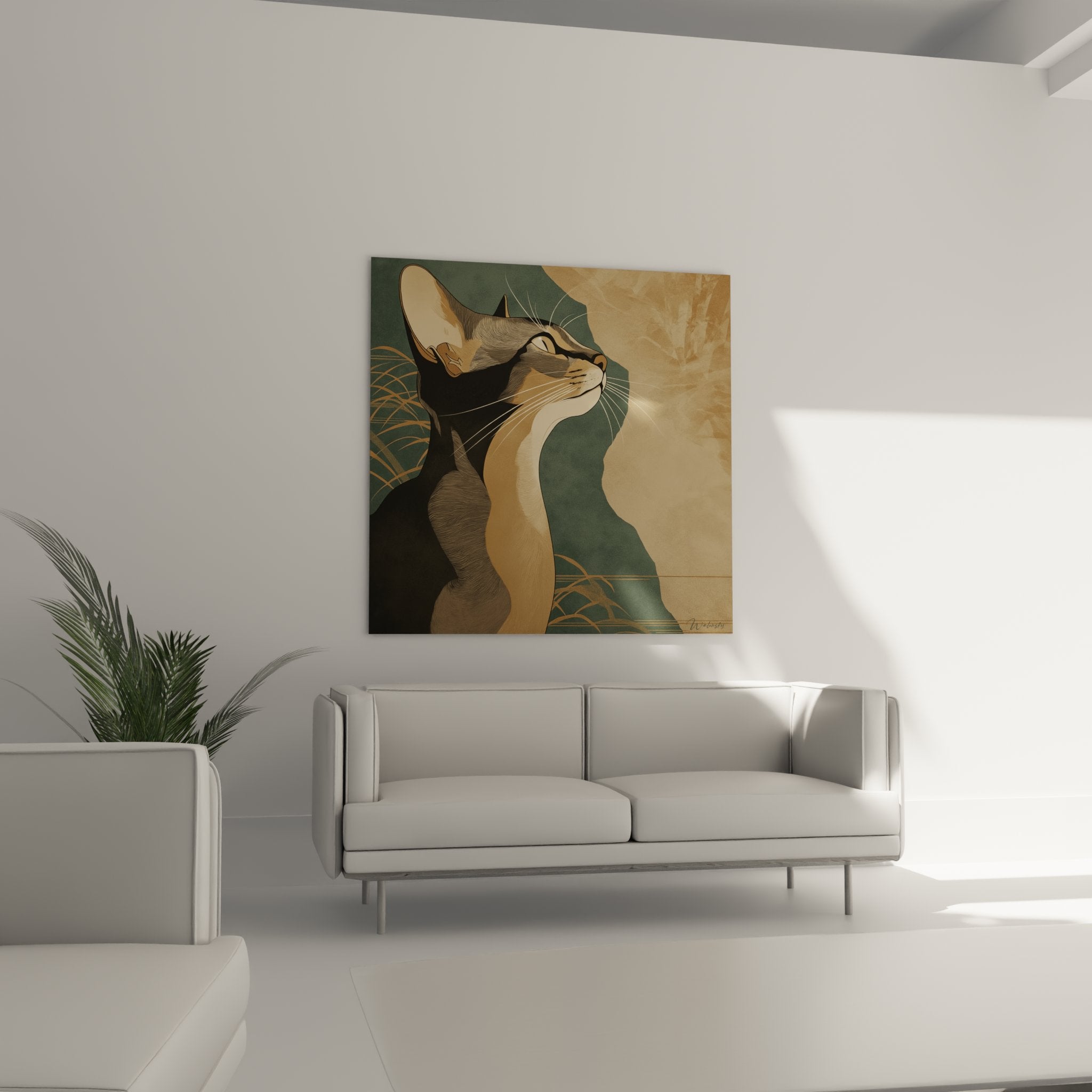 Dettaglio ritratto gatto abissino contemplativo, mantello dorato ed espressione serena, stile artistico