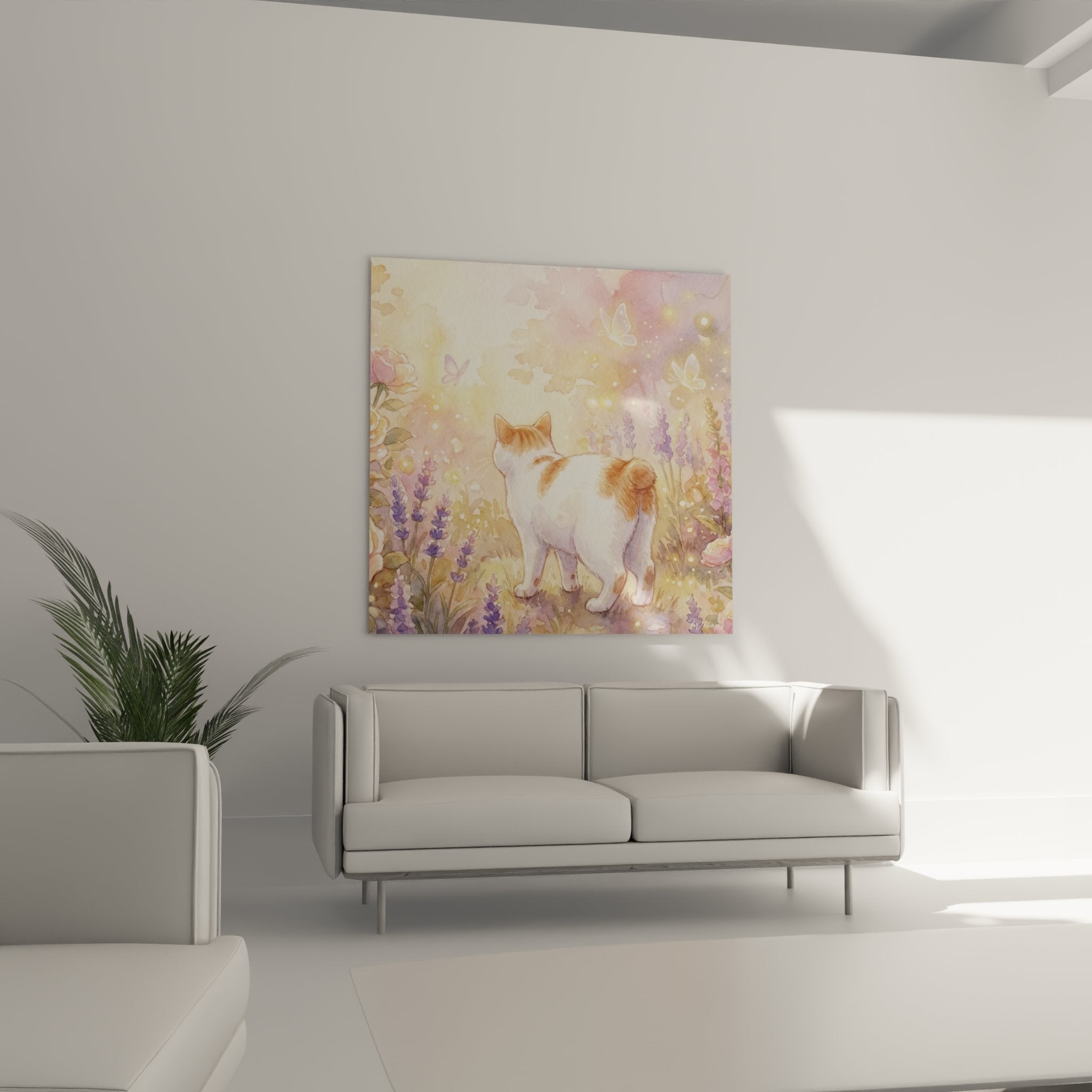 Detail aquarelle chat Manx aux couleurs rousses parmi fleurs lavande et roses, technique picturale delicate