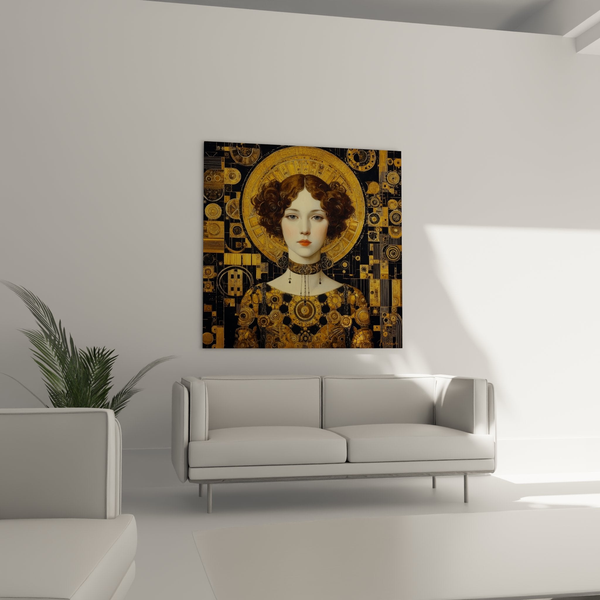 Close-up detail Art deco woman portrait golden halo jewelry Byzantine ornaments circular patterns
