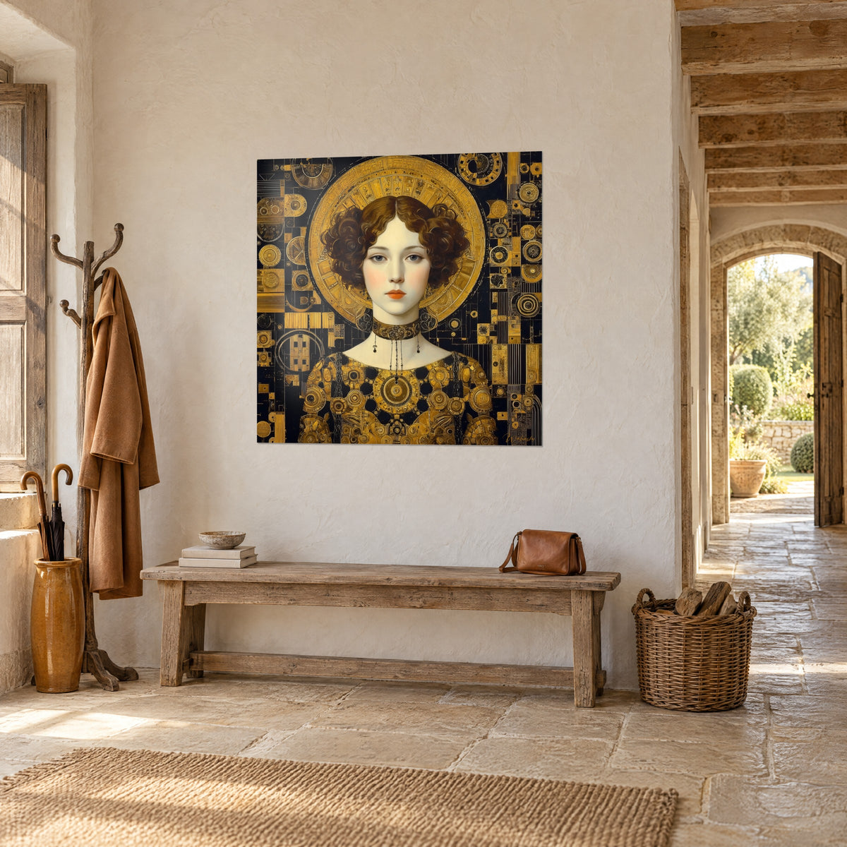 Tableau déesse dorée au regard bleu-gris, collier ras du cou, motifs circulaires ocre sur noir, mur crépi, banc en bois, maison en pierre