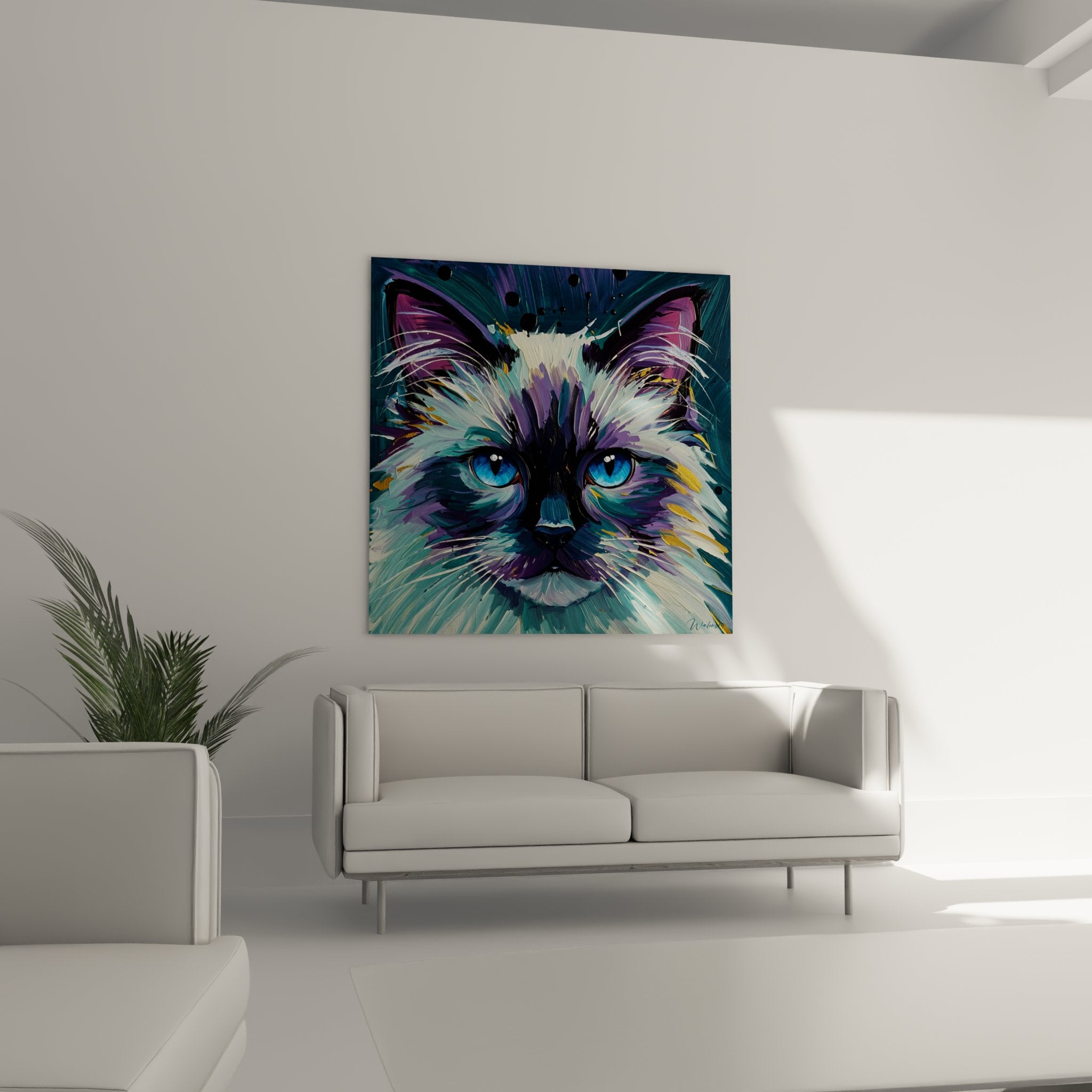 Close-up Birman cat artwork blue eyes details modern painting expressive brushstrokes