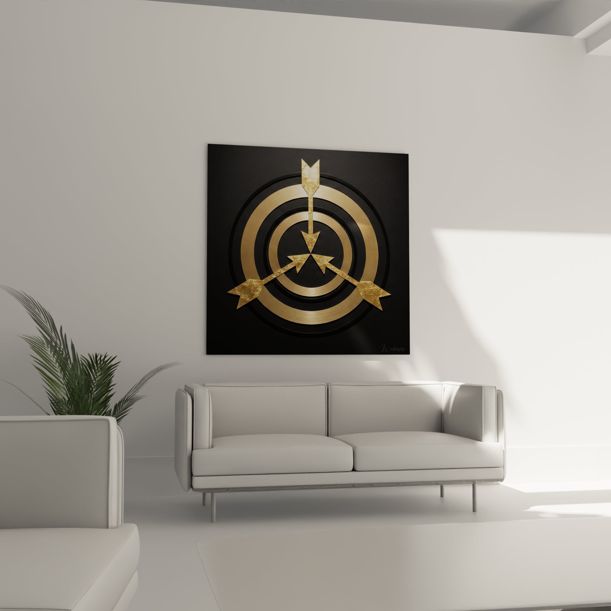 Détail rapproché cible dorée relief métallique, finitions luxueuses tableau tir à l'arc