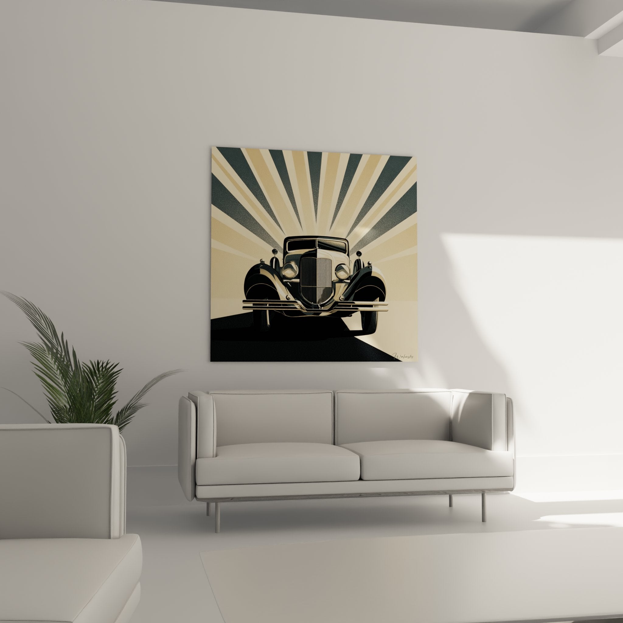 Dettaglio quadro auto vintage Art Deco griglia cromata fari rotondi parafanghi stile anni 30