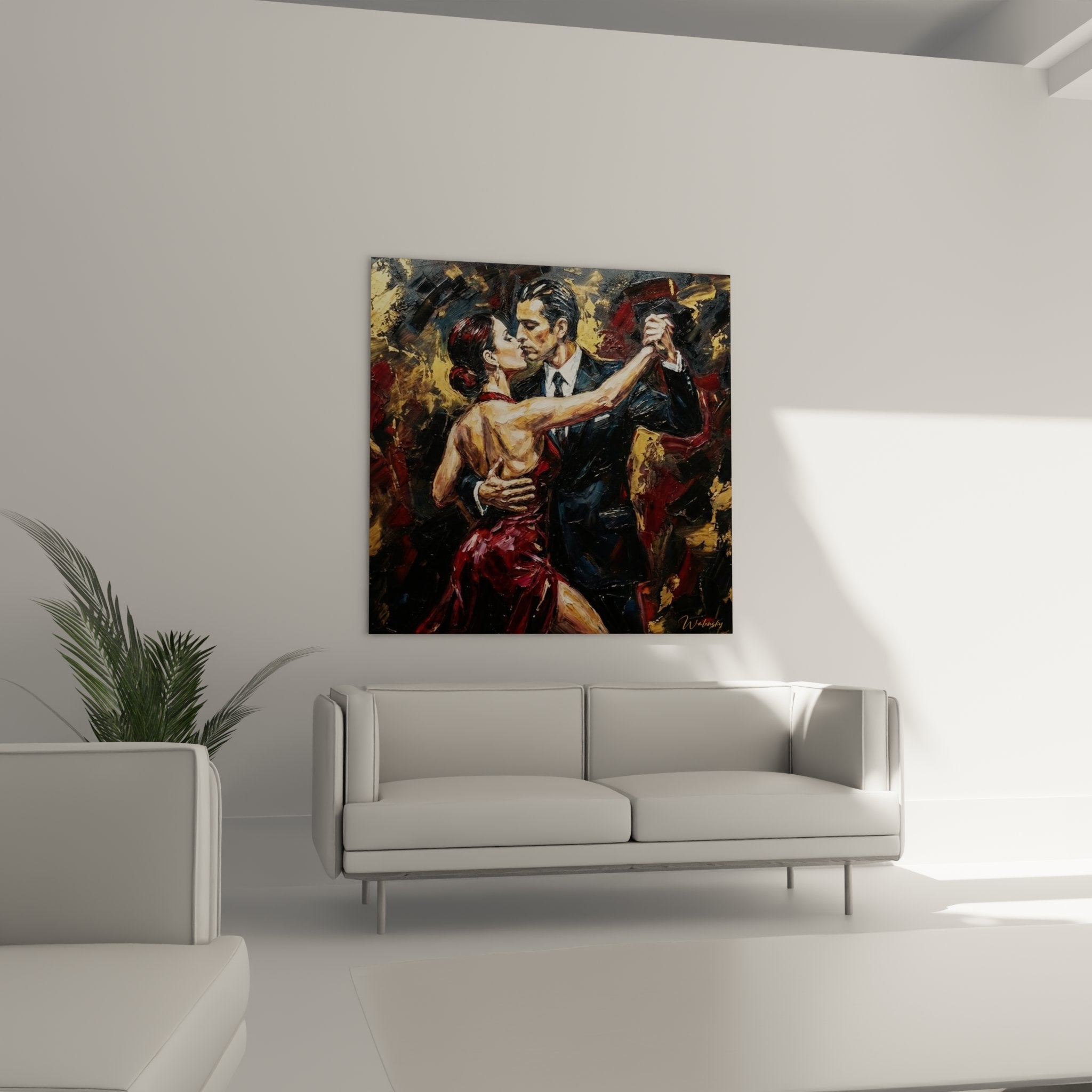 Dettaglio pittura tango volti ravvicinati ballerini abbraccio appassionato tecnica pittorica espressiva