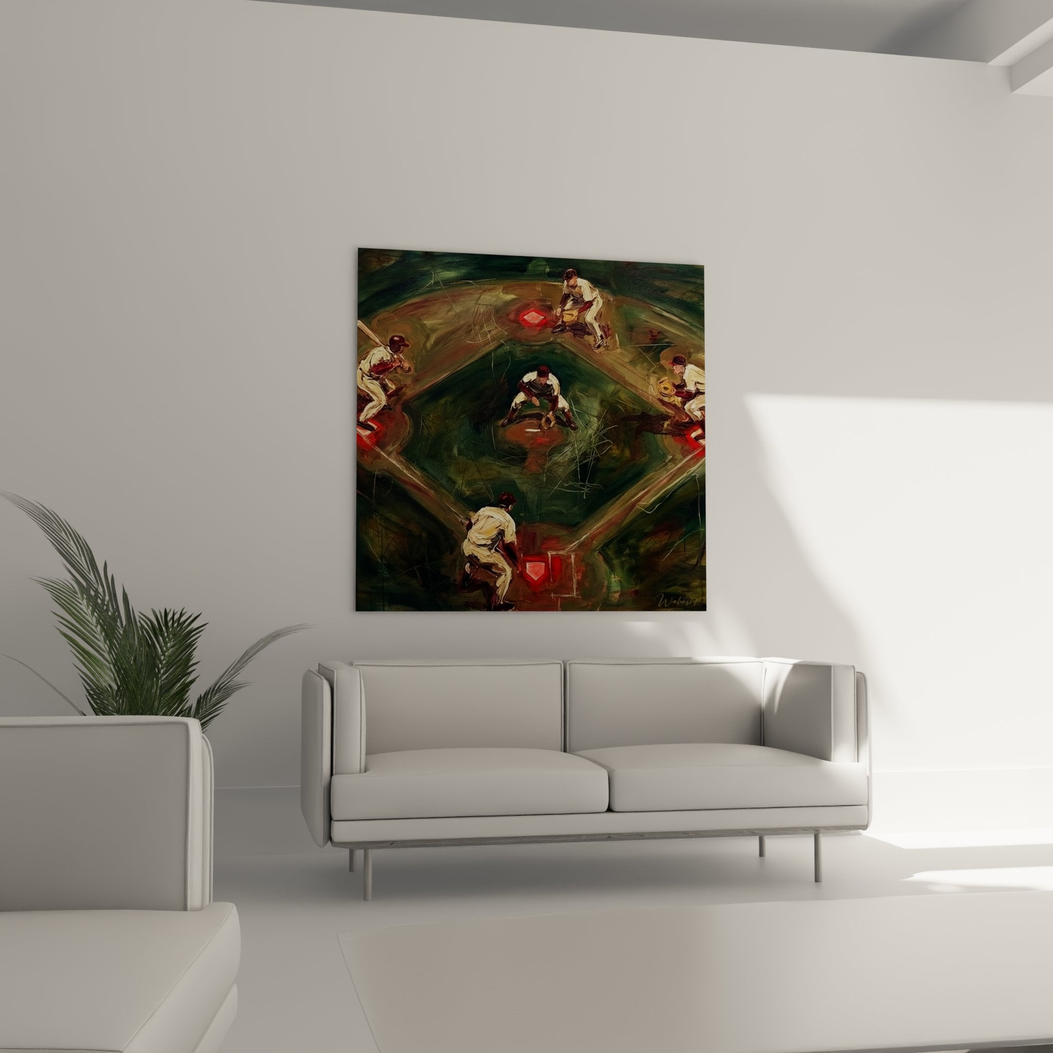 Dettaglio quadro baseball vista aerea focus su giocatori uniformi bianchi rossi campo verde basi colorate