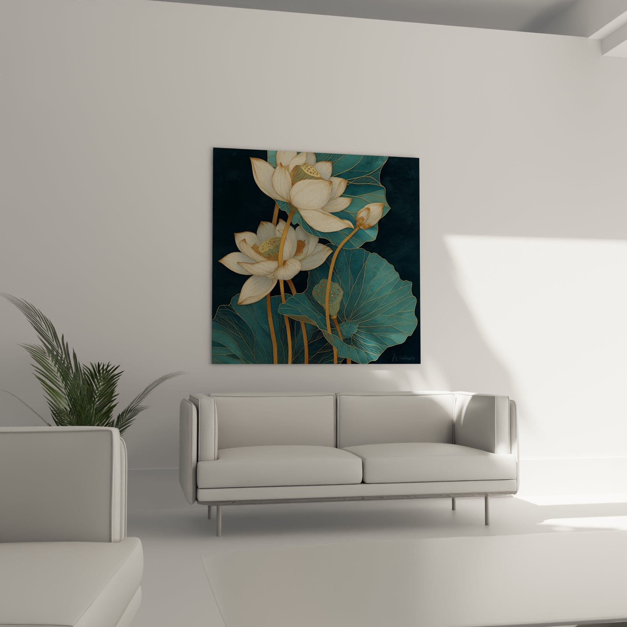 Detail fleurs de lotus dorees art deco pistils detailles petales nervures contours or fond bleu profond