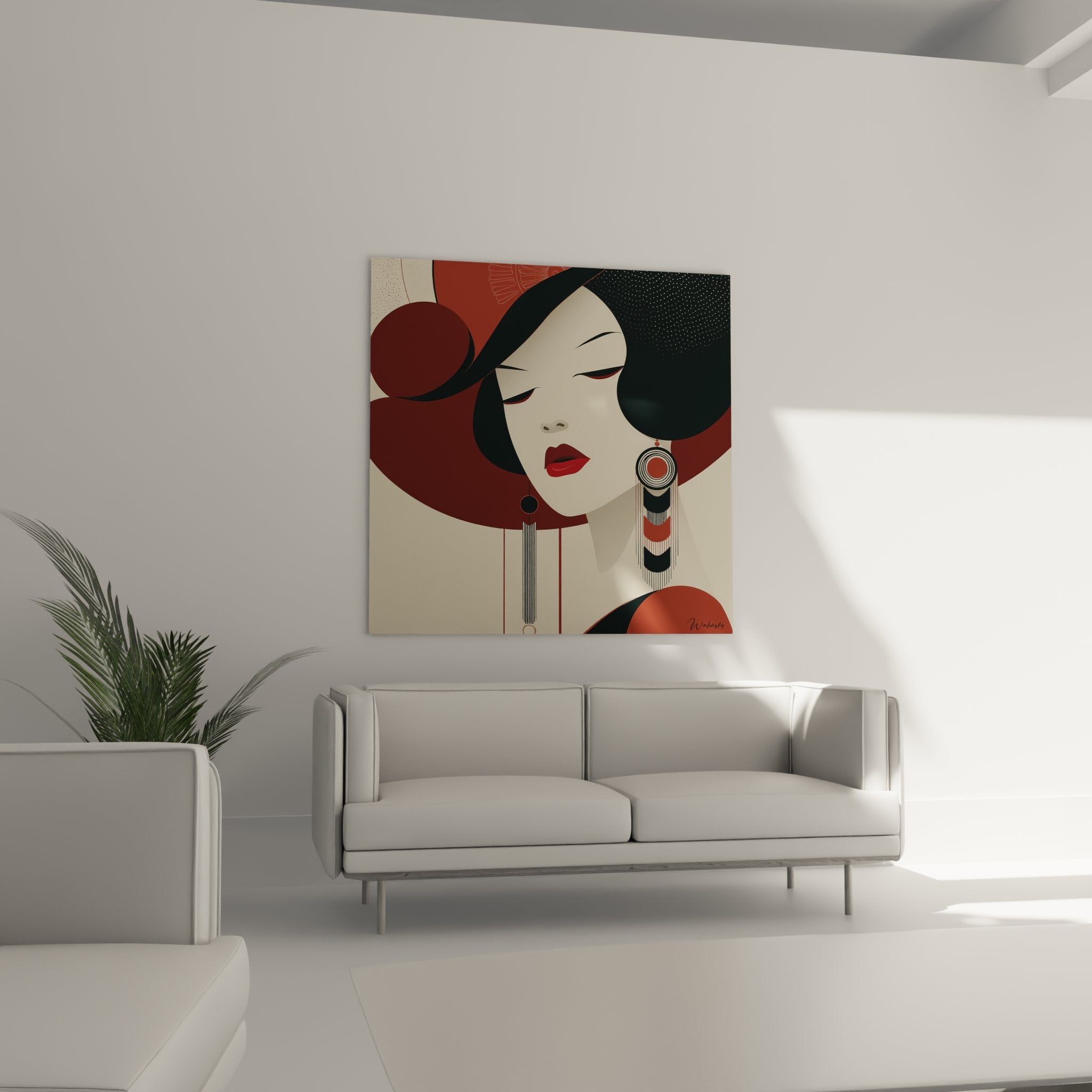 Woman's face detail art deco closed eyes red lips geometric drop earrings