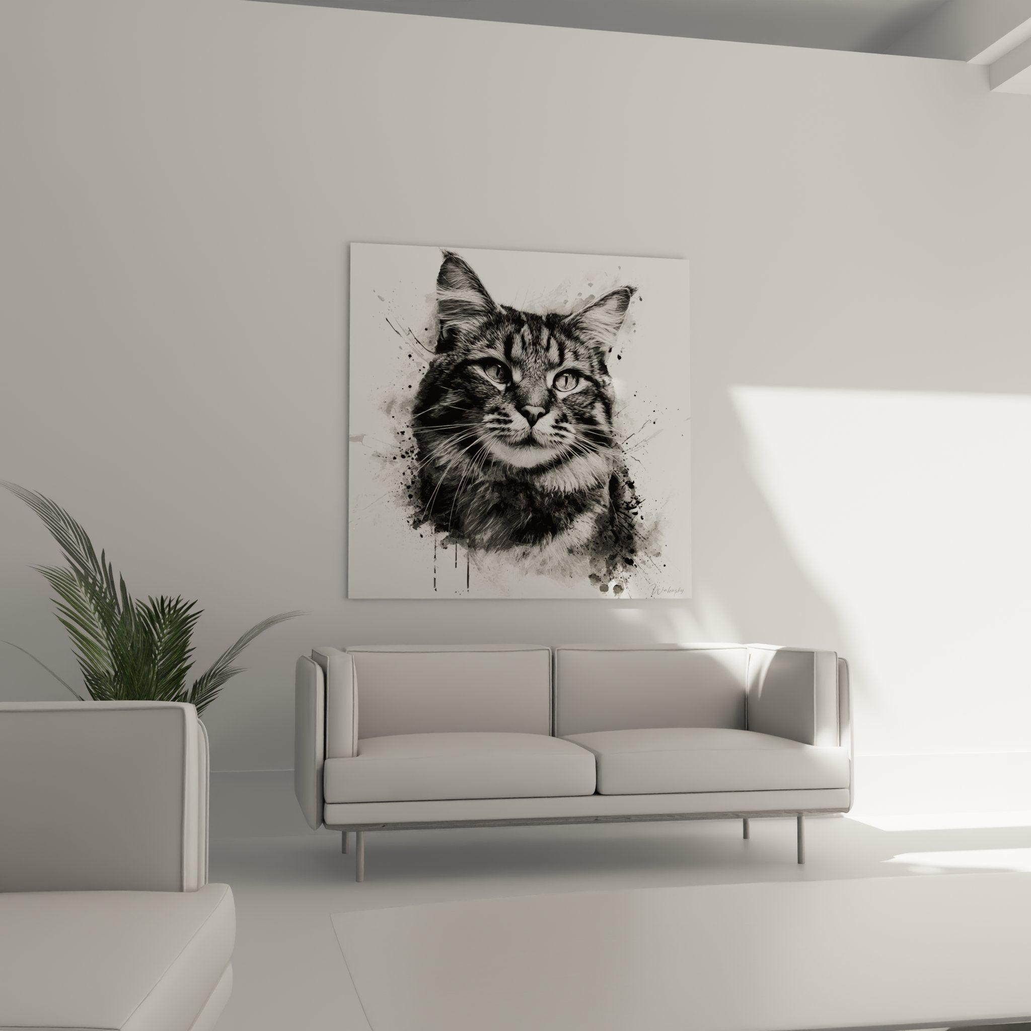 Close-up detail of American Bobtail cat watercolor wall art showing paint texture and facial expressions