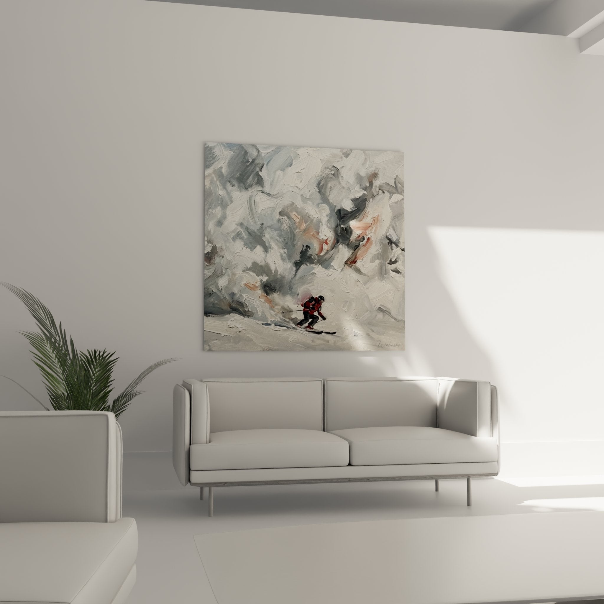 Détail texture peinture empâtée tableau skieur, technique artistique relief neige et tempête