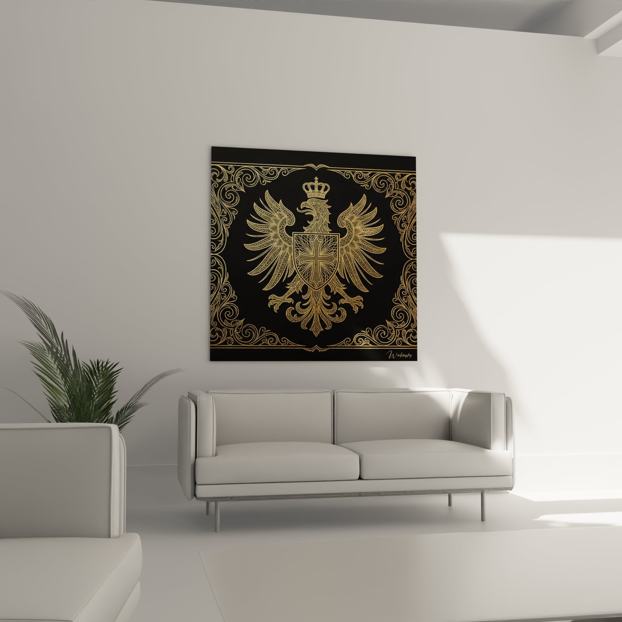 Dettaglio ravvicinato aquila araldica dorata corona reale stemma croce ornamenti fini