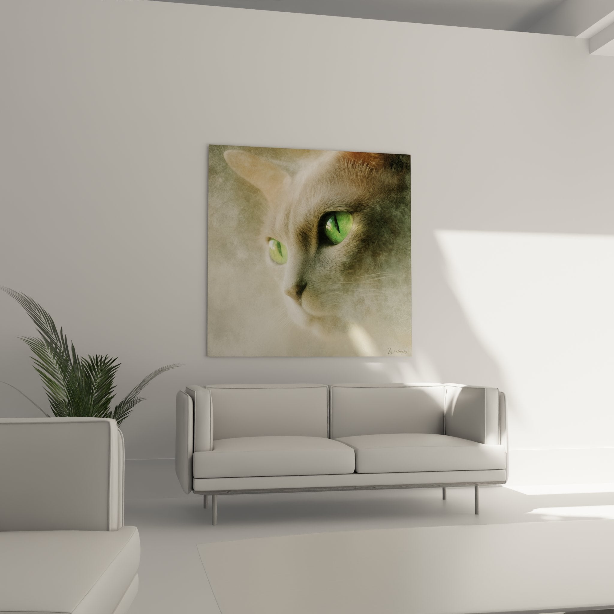 Gros plan sur les yeux verts perçants du chat Burmilla, détail artistique du regard félin hypnotique