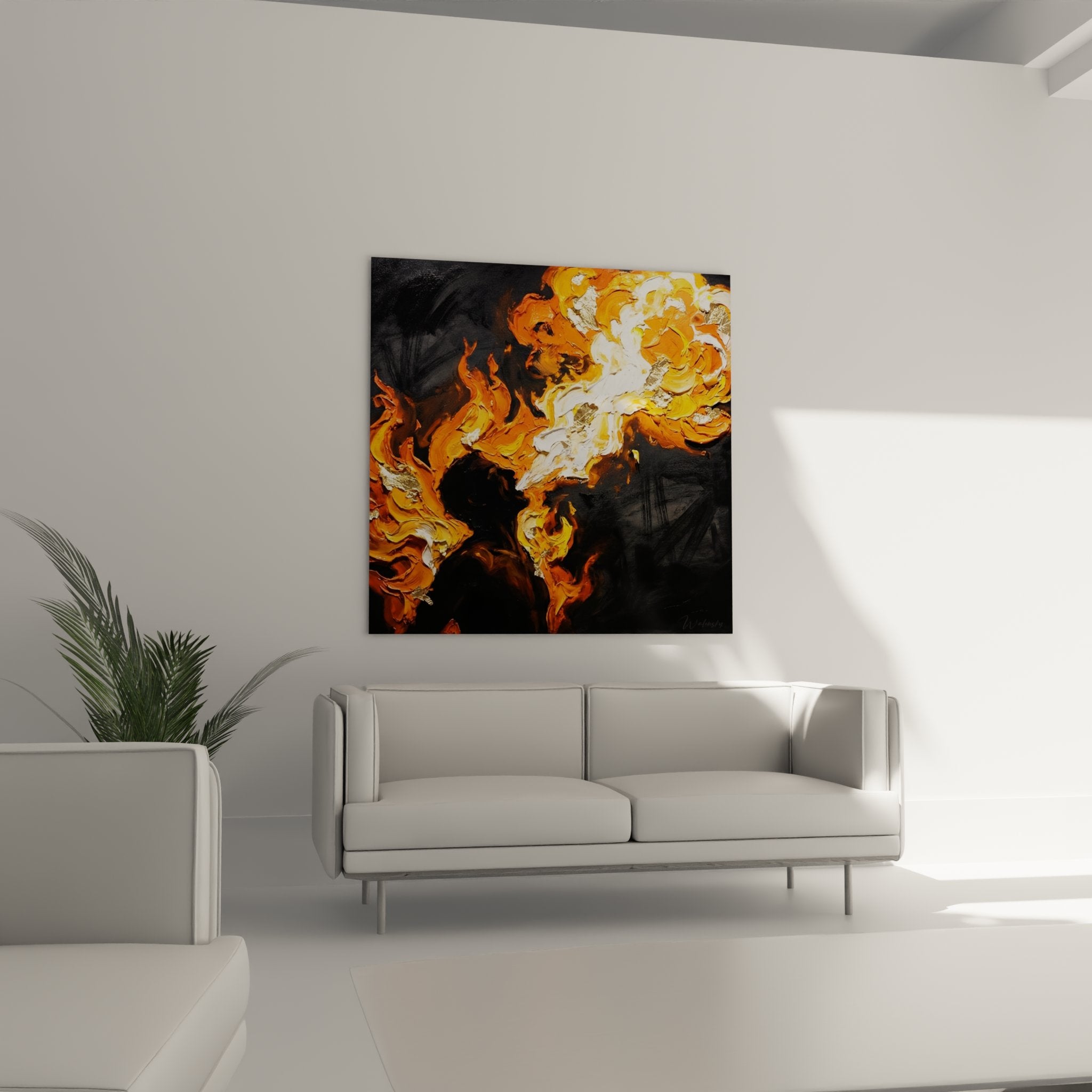 Dettaglio texture pittura fiamme, impasto arancione bianco, tecnica artistica moderna