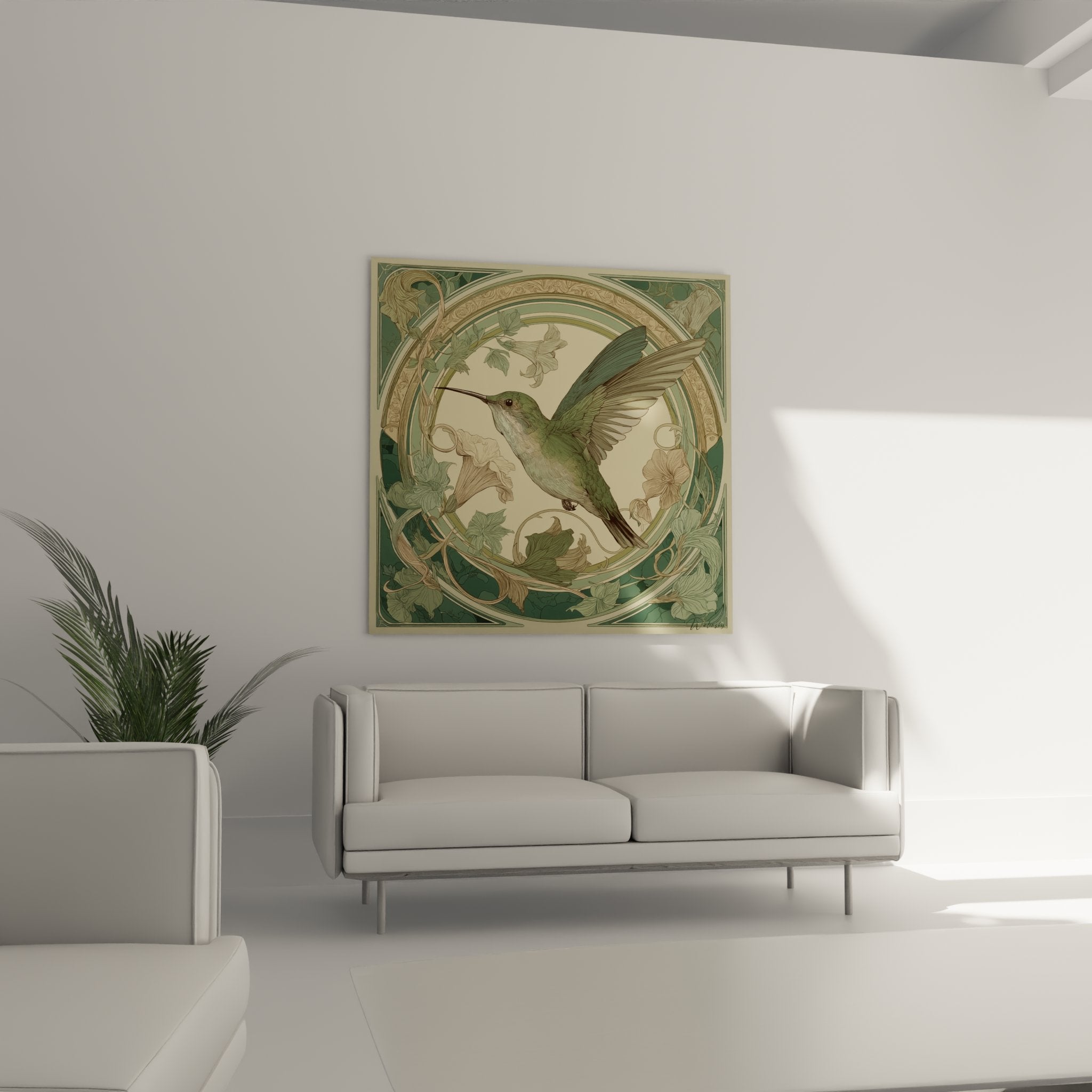 Detail colibri en vol tableau Art Nouveau plumes vertes iridescentes bec effile composition circulaire