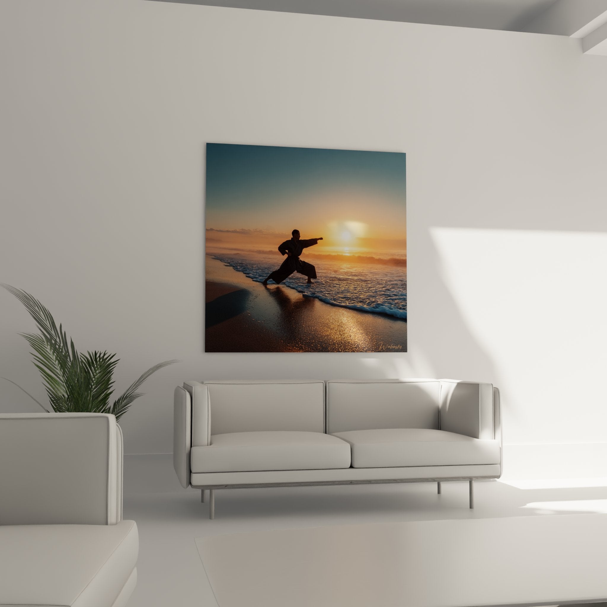 Detail tableau karate technique position kata plage sable mouille reflets soleil