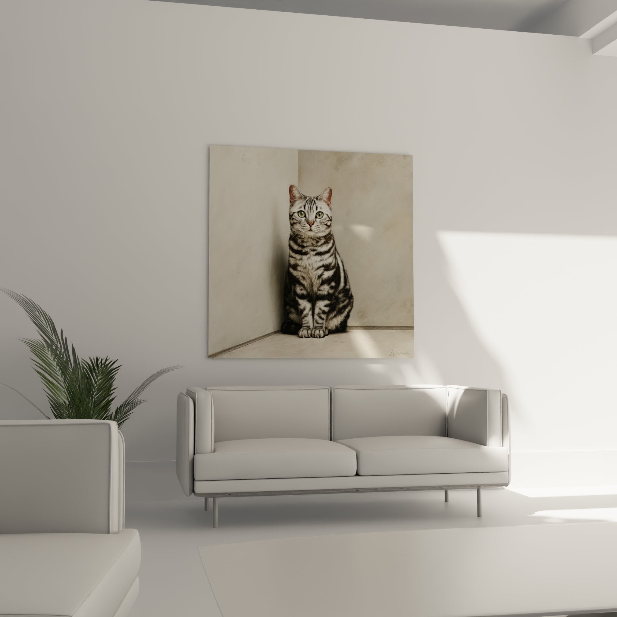 Detail portrait chat American Shorthair yeux verts pelage tigre argente texture realiste tableau mural