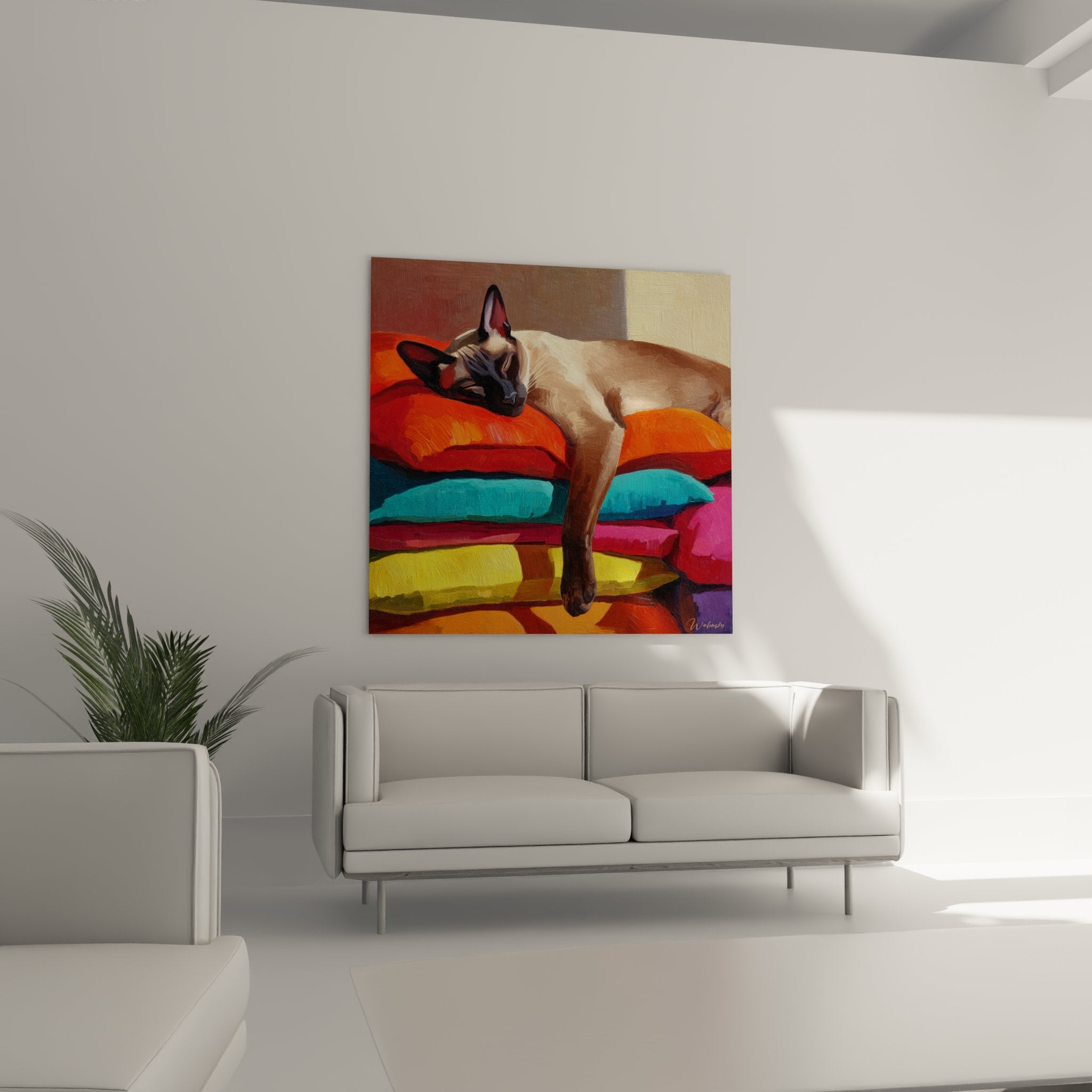 Dettaglio dipinto gatto Tonkinese beige testa posata cuscini texture pittorica visibile arte animalier moderna