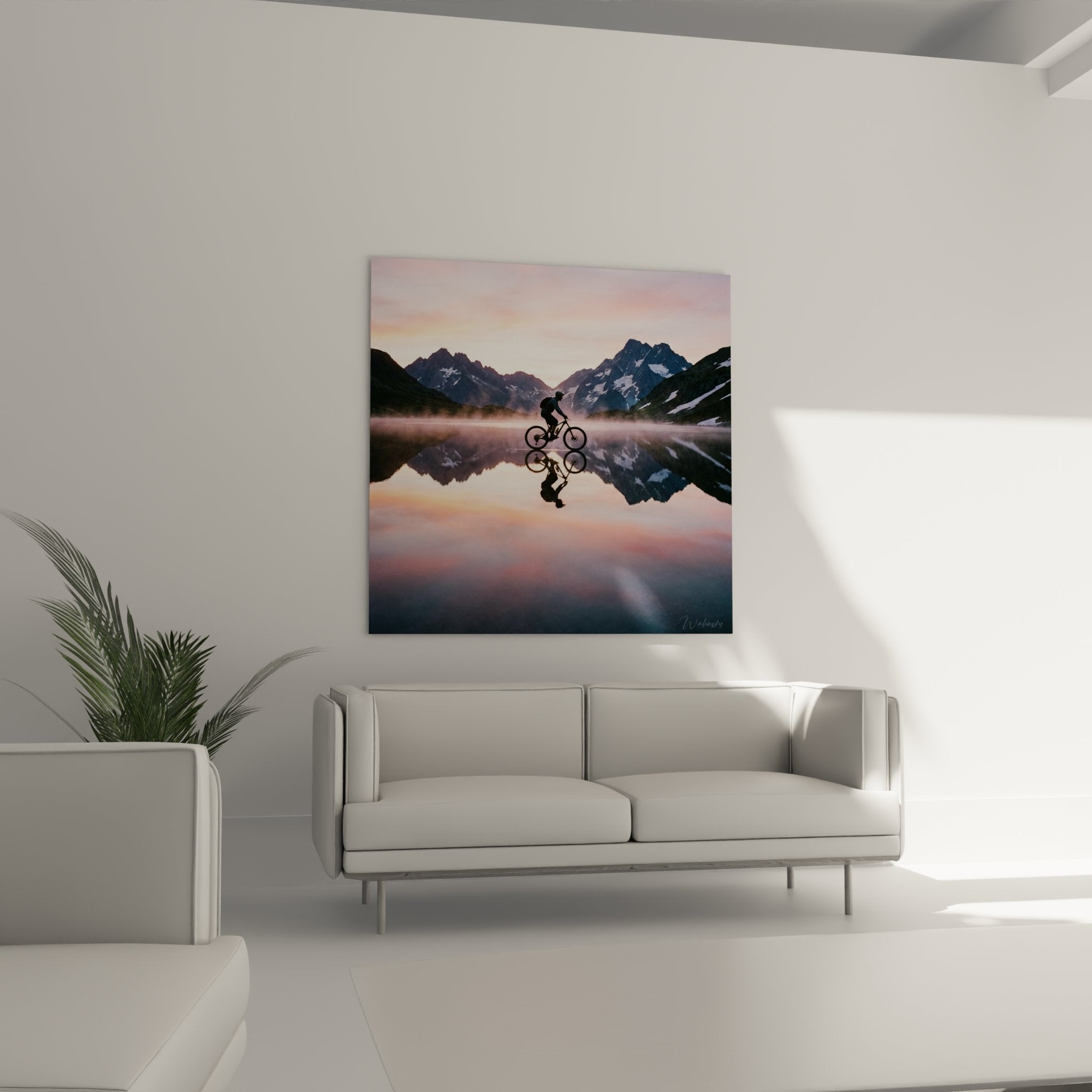 Detail tableau VTT montagne cycliste silhouette reflet eau calme sommets neige texture toile qualite premium