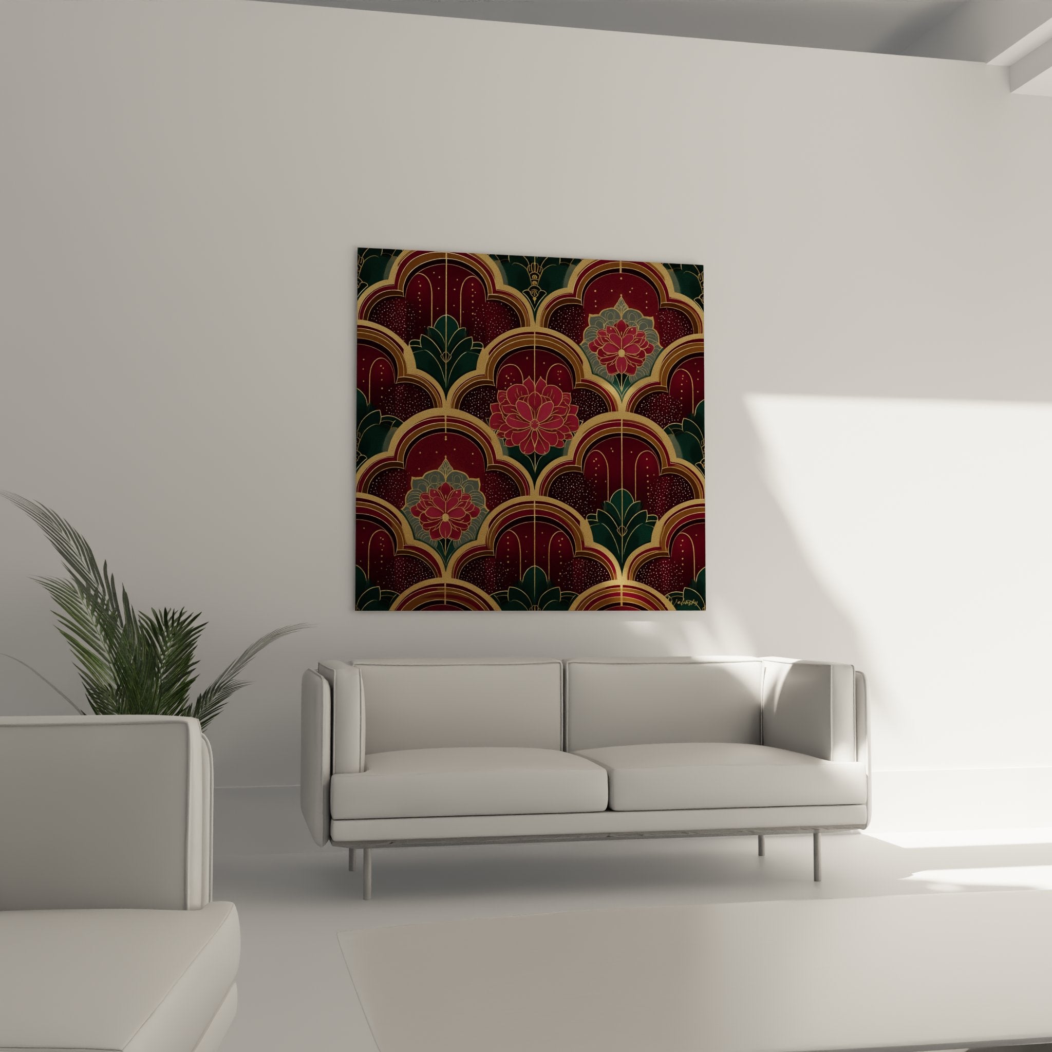 Close-up detail of art deco wall art displaying stylized burgundy flowers in golden arches on starry background