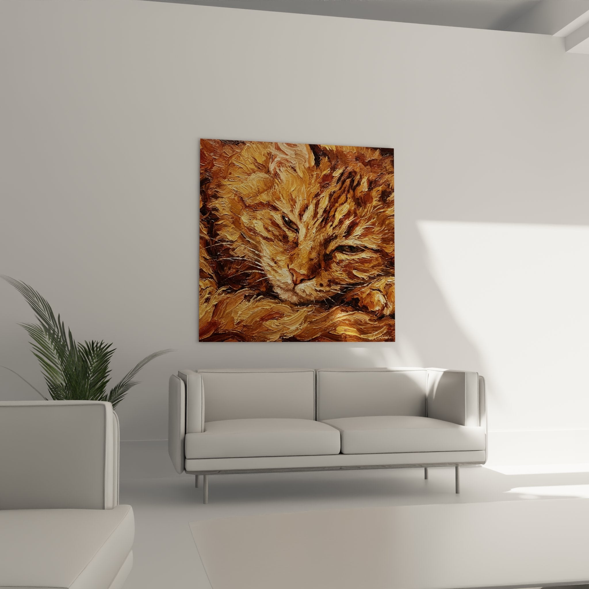 Dettaglio primo piano dipinto gatto rosso, texture peluccia riccia Laperm, pennellate espressive