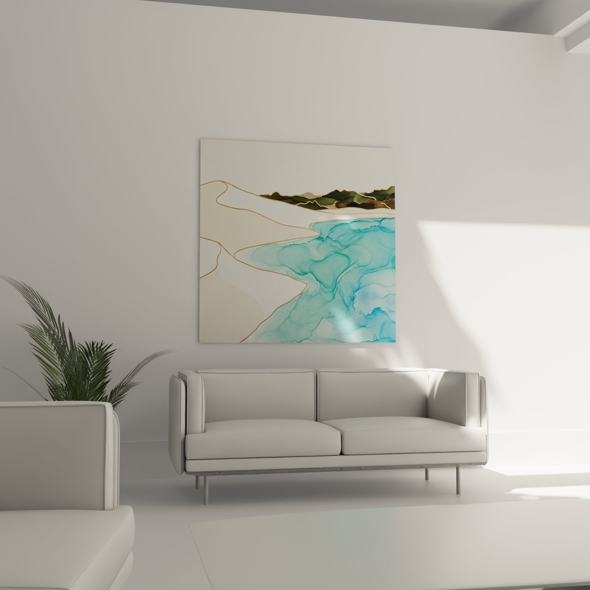 Détail du tableau montrant la technique aquarelle et les contours dorés de la calanque corse