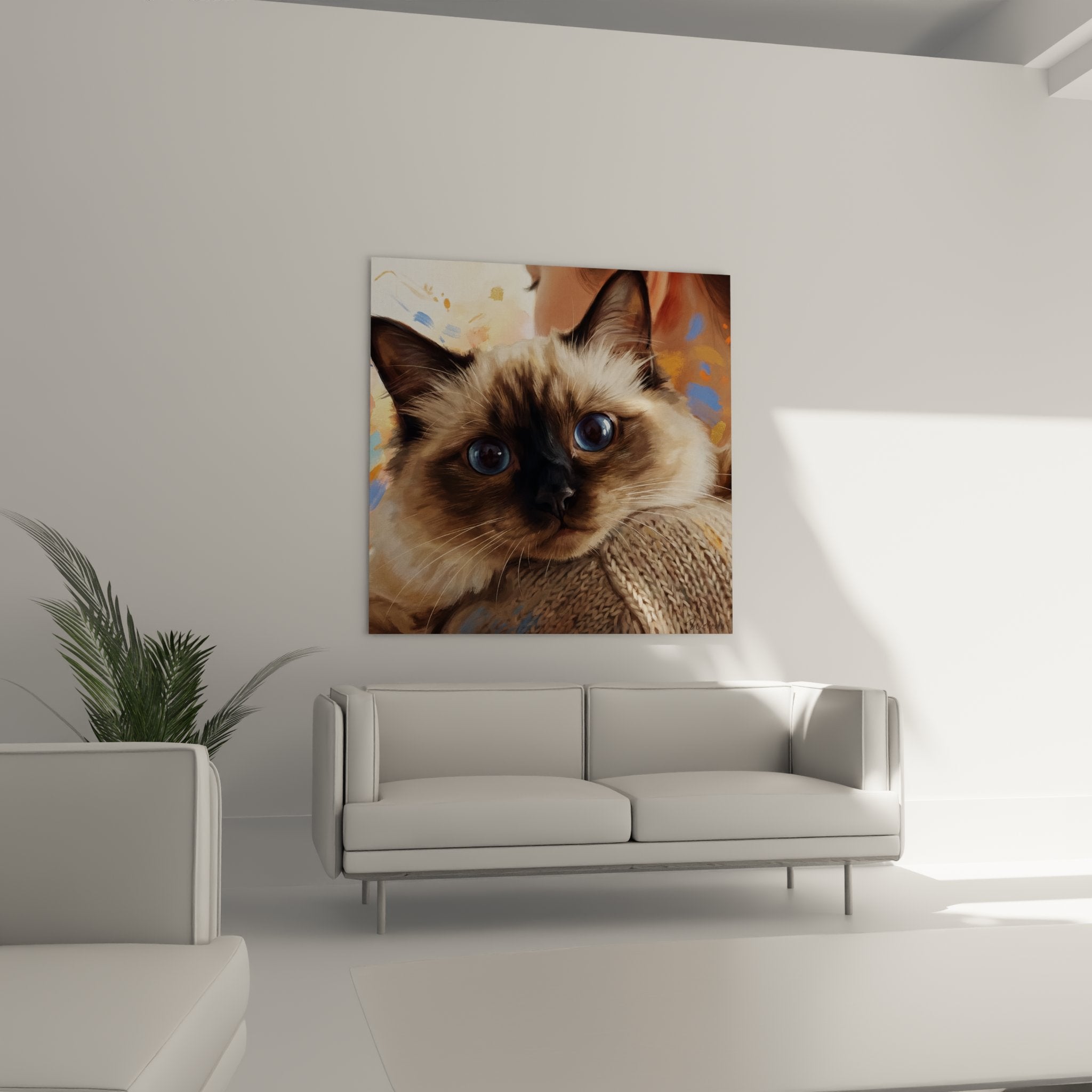 Nahaufnahme Balinese-Katzen-Kunstwerk, Details der seidigen Fellstruktur und intensiven blauen Blick, hochauflösende Druckqualität