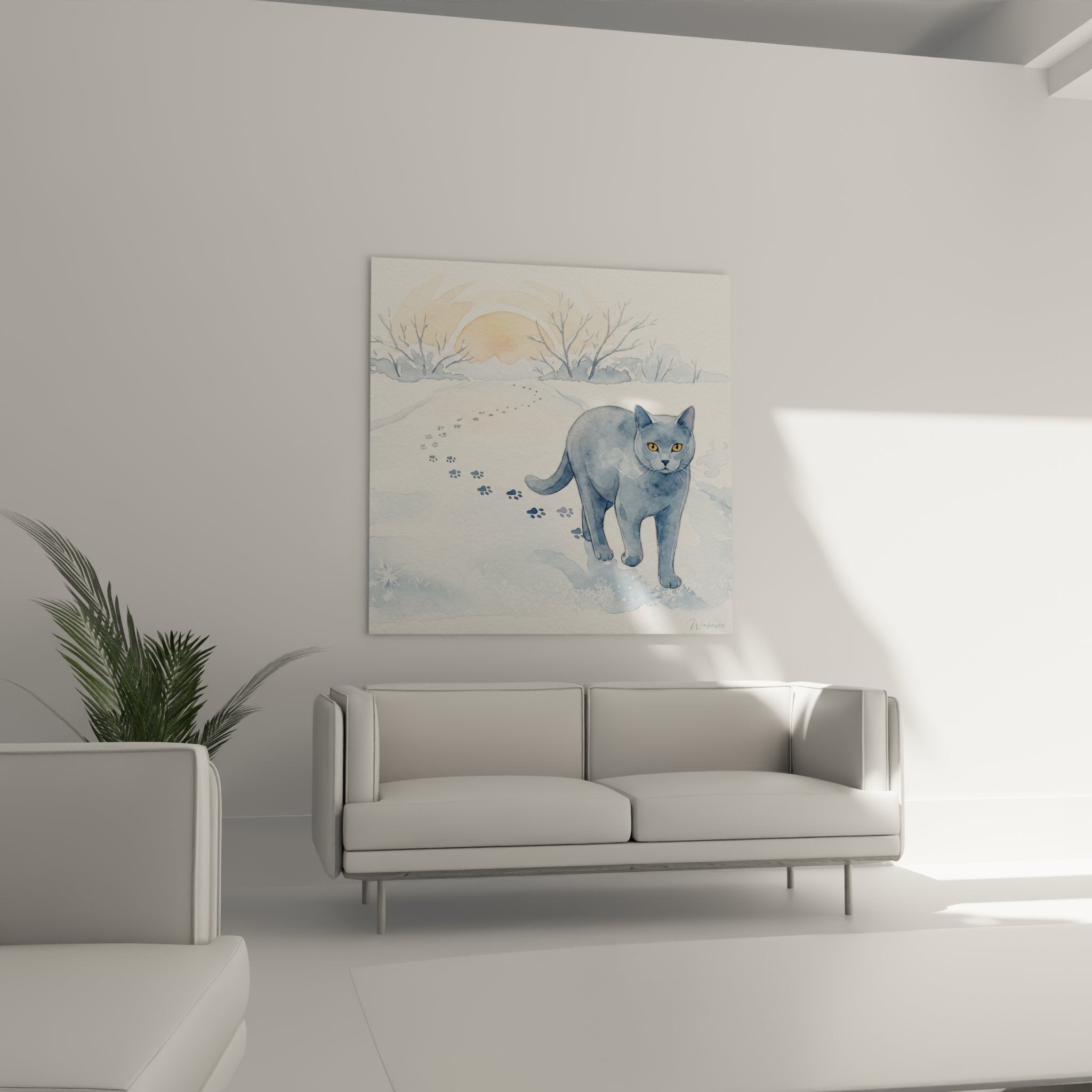 Détail aquarelle chat Chartreux yeux dorés pelage bleu-gris texture peinture fine art animalier