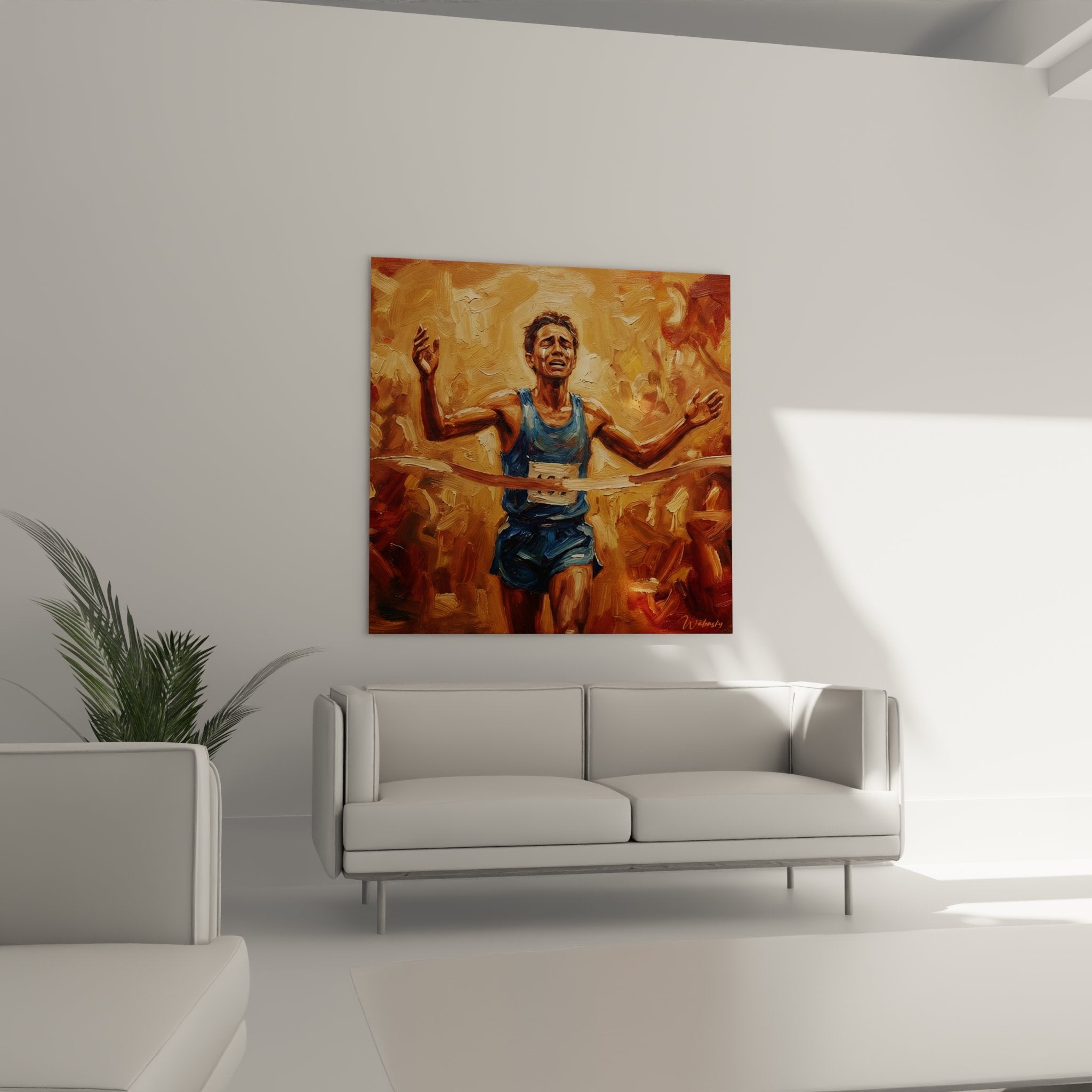 Detail painting face victorious runner intense emotion end of race effort reward