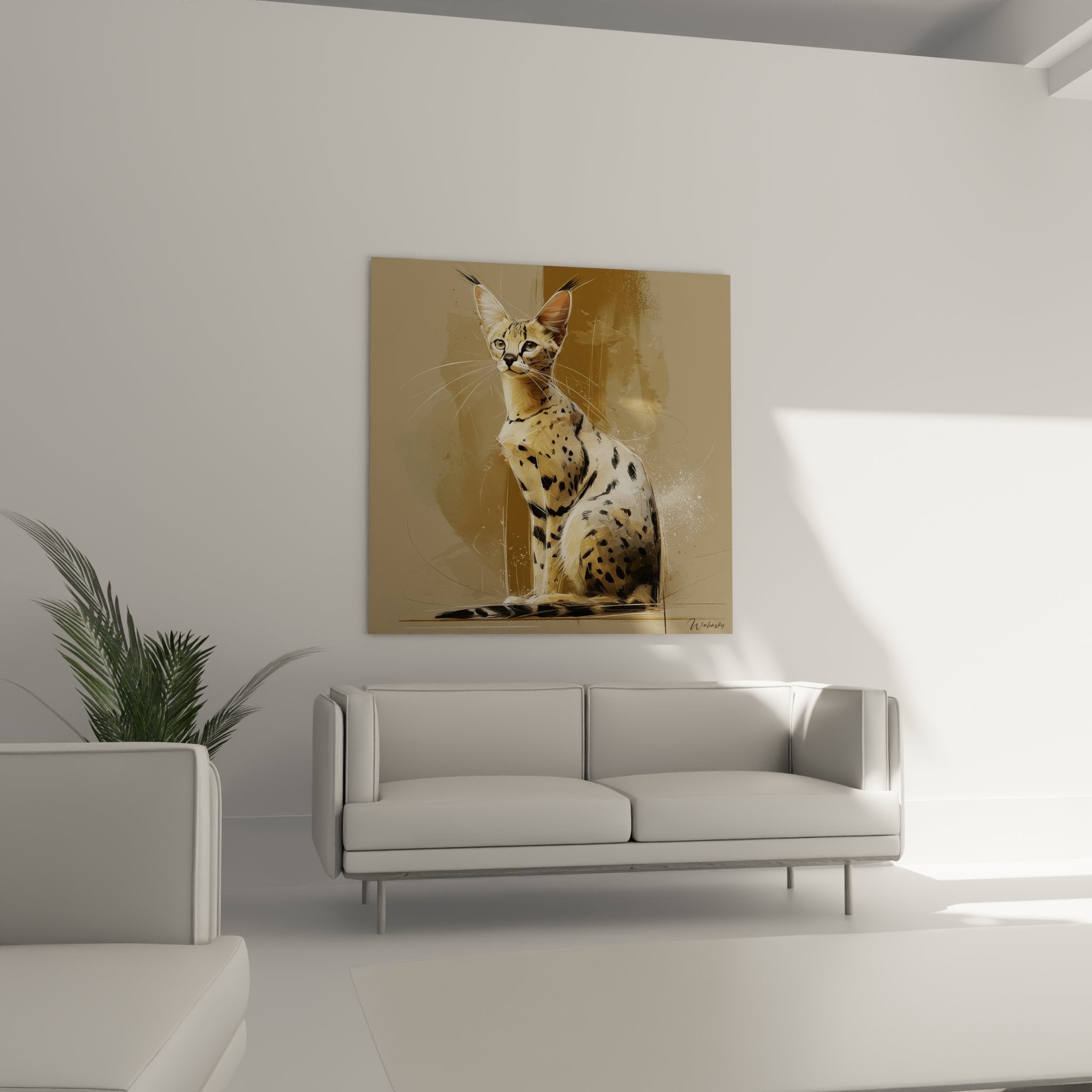 Gros plan tableau chat Savannah montrant details pelage taches noires oreilles pointues style artistique