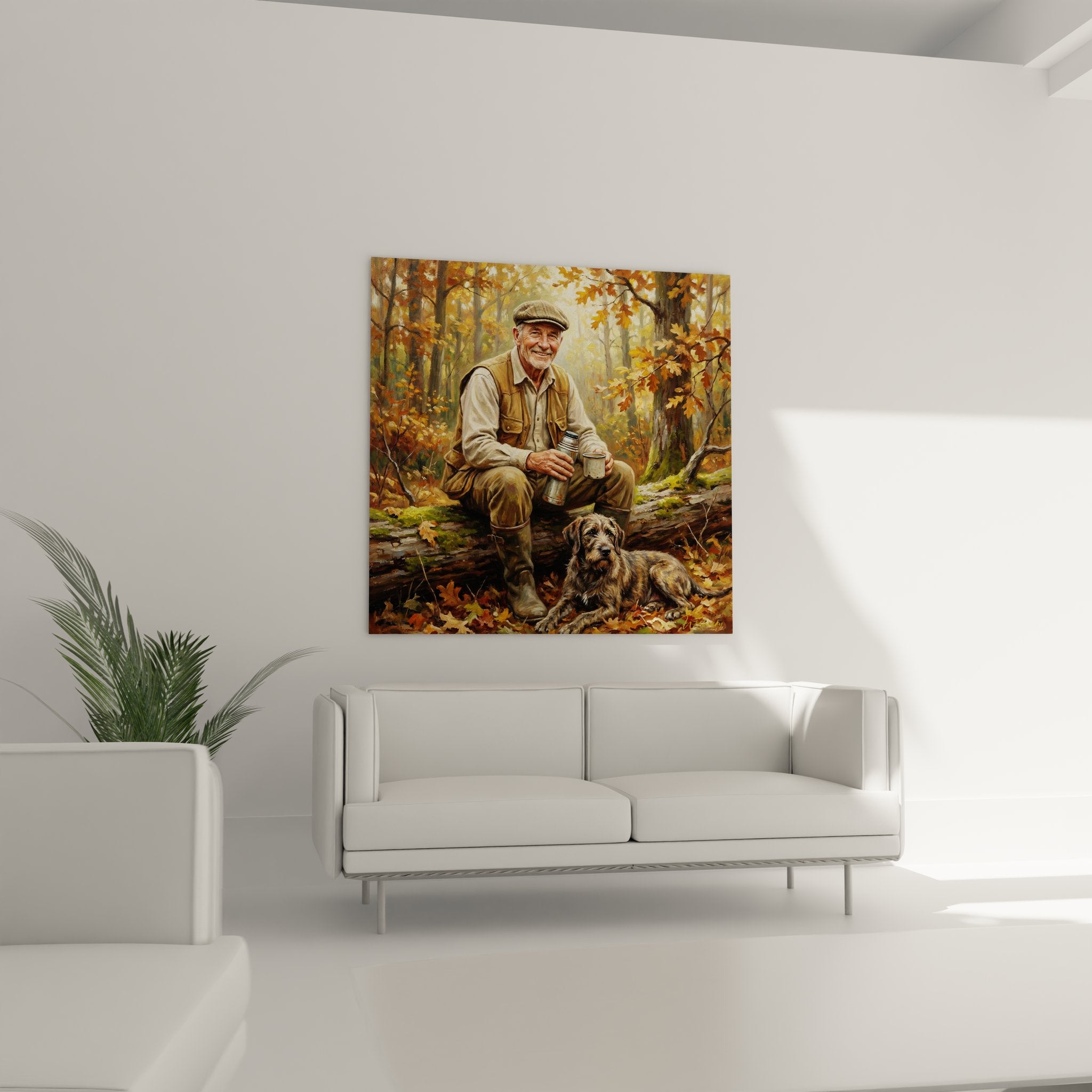 Détail tableau chasseur barbu casquette tenant thermos, expression bienveillante, style réaliste peinture chasse