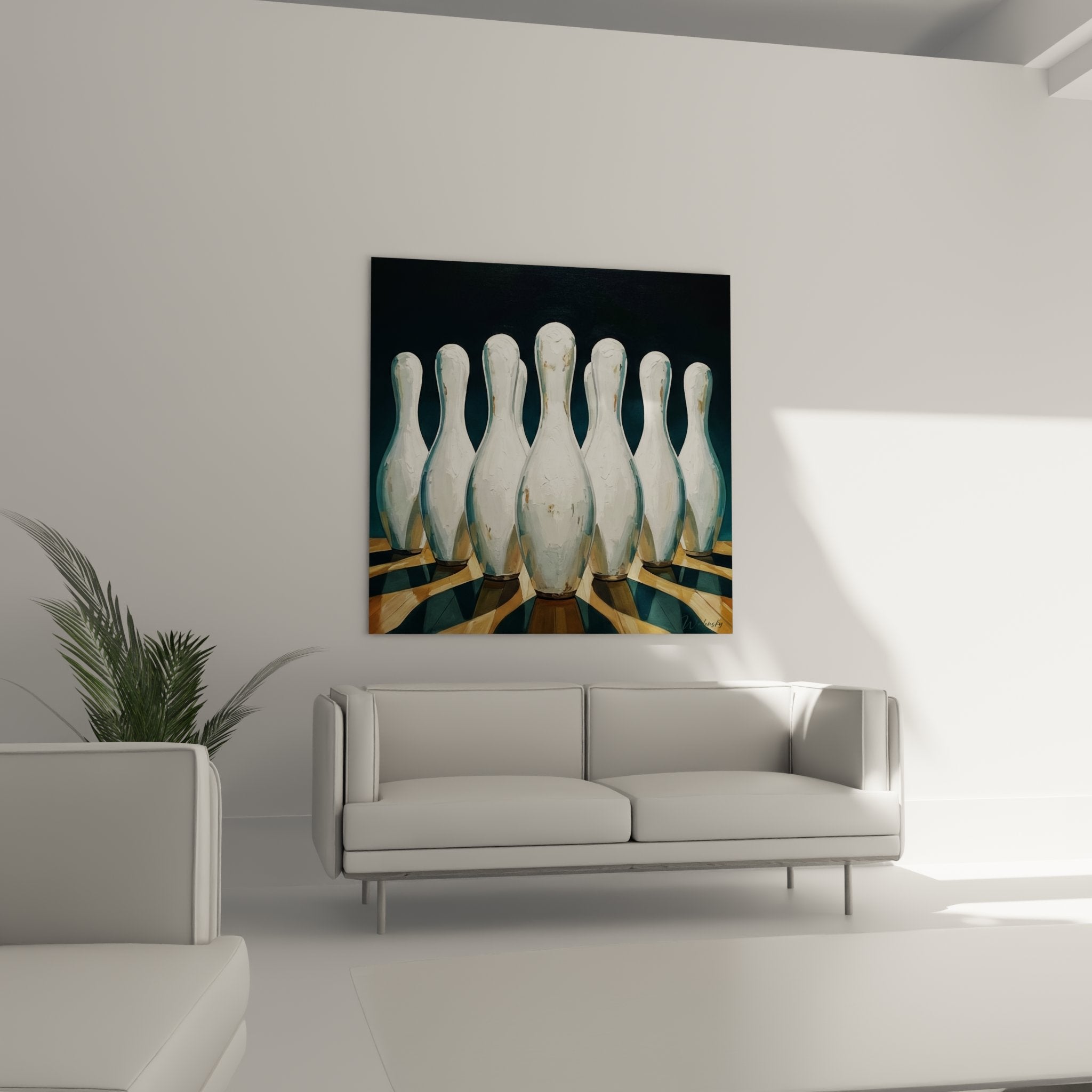 Close-up detail of bowling pins painted in pearlescent white with subtle artistic highlights