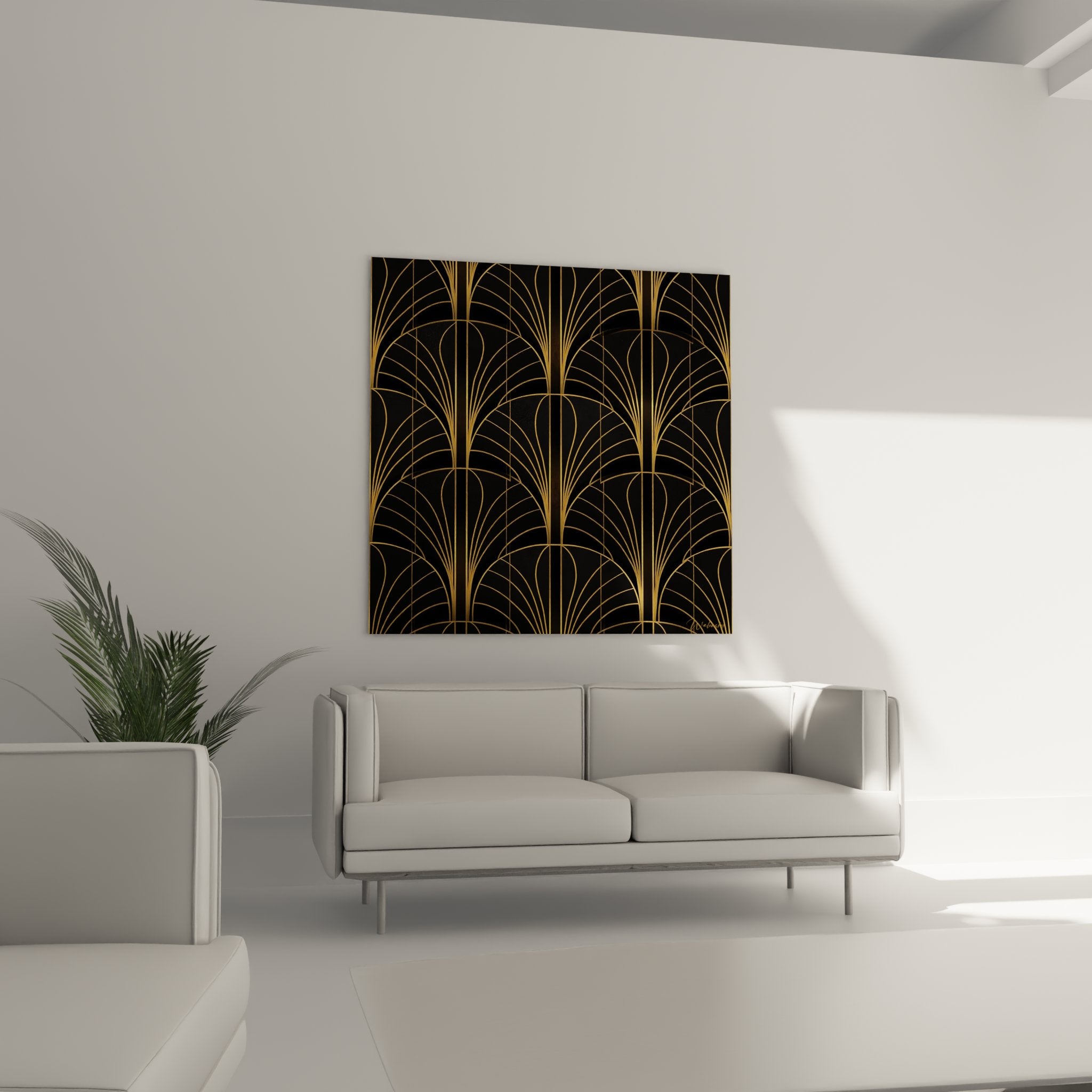 Detail of golden geometric art deco patterns, elegant curved lines on black background