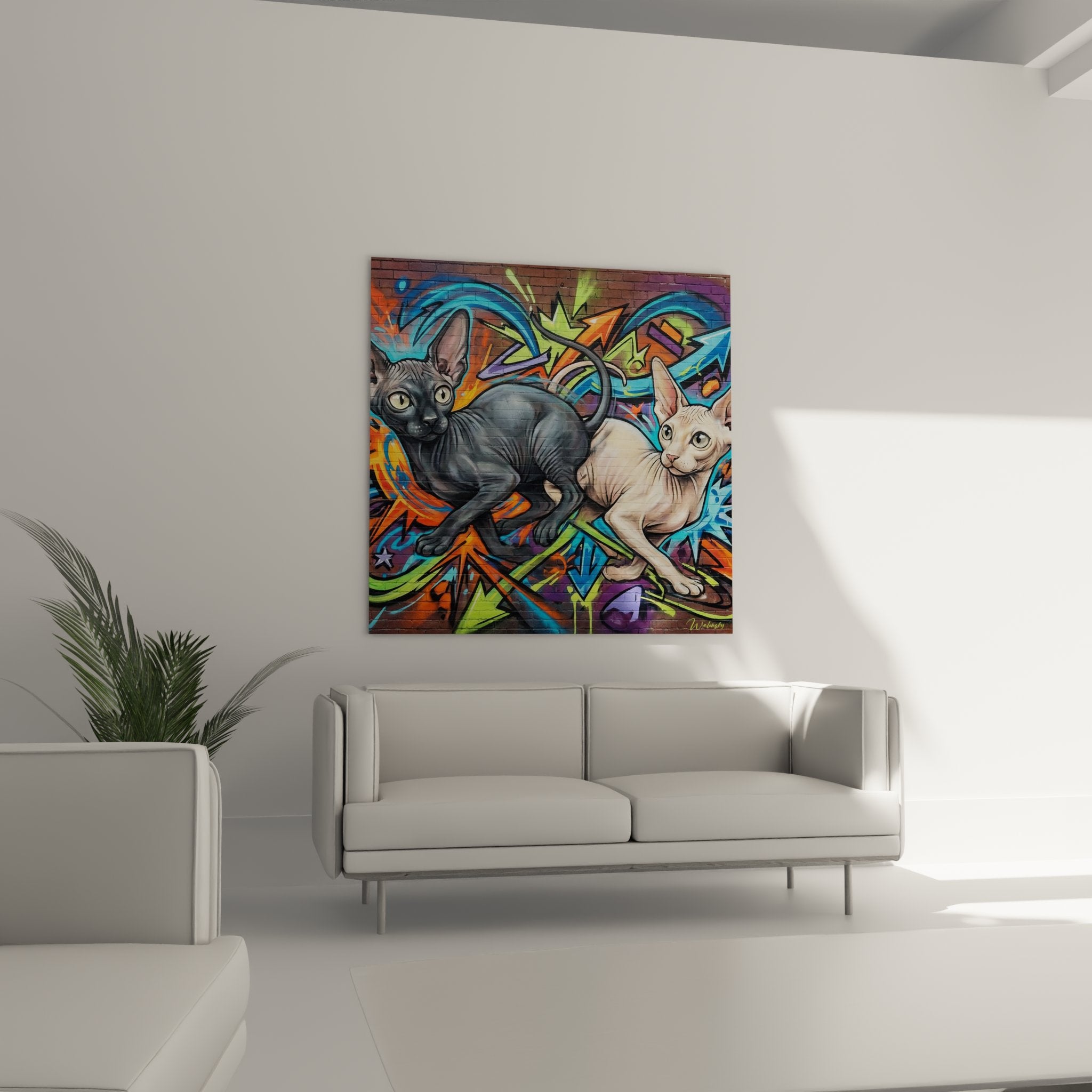 Nahaufnahme der grauweißen Peterbald-Katzen mit grünen und blauen Augen auf Street-Art-Hintergrund