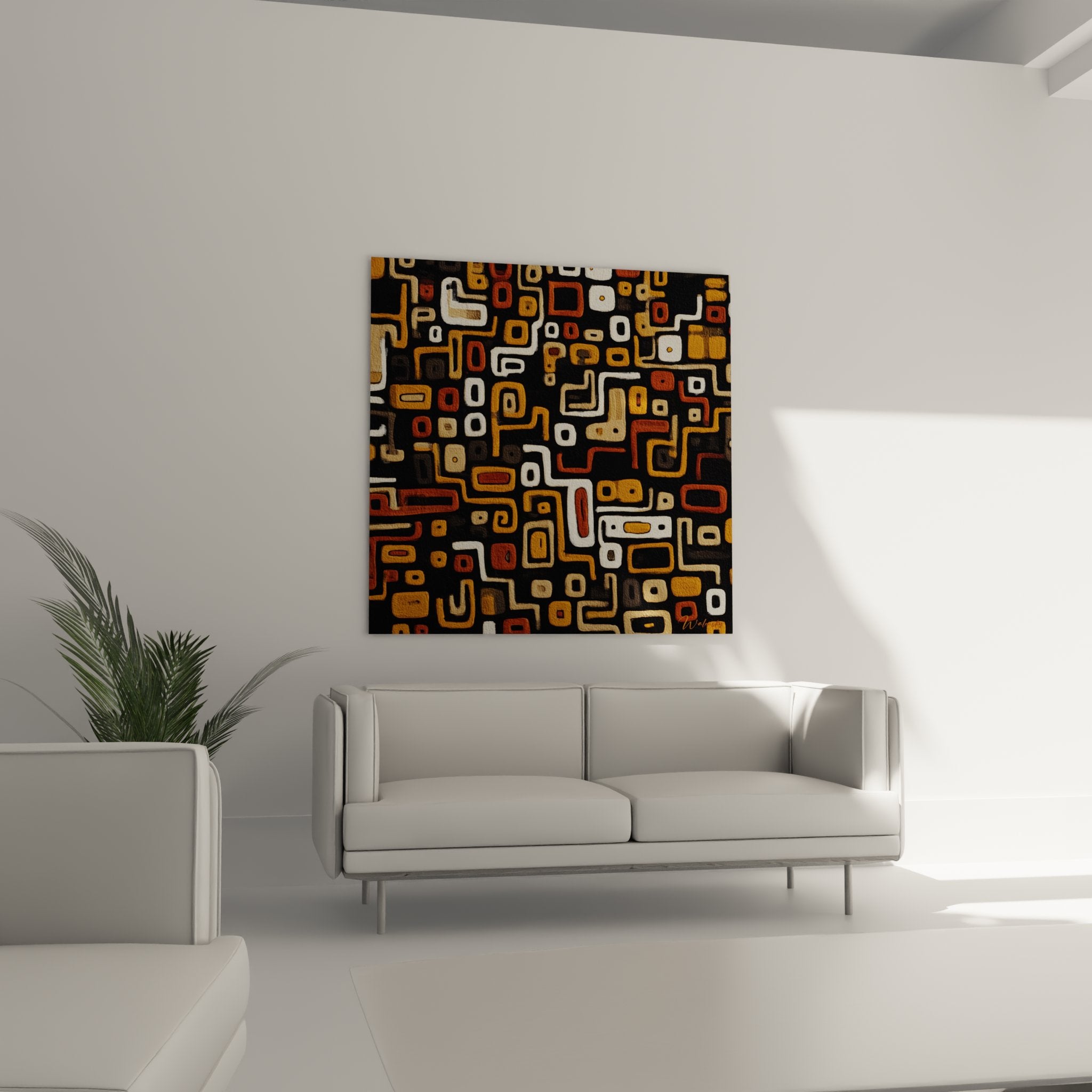 Close-up detail of abstract African geometric patterns interconnected shapes modern Kuba art style