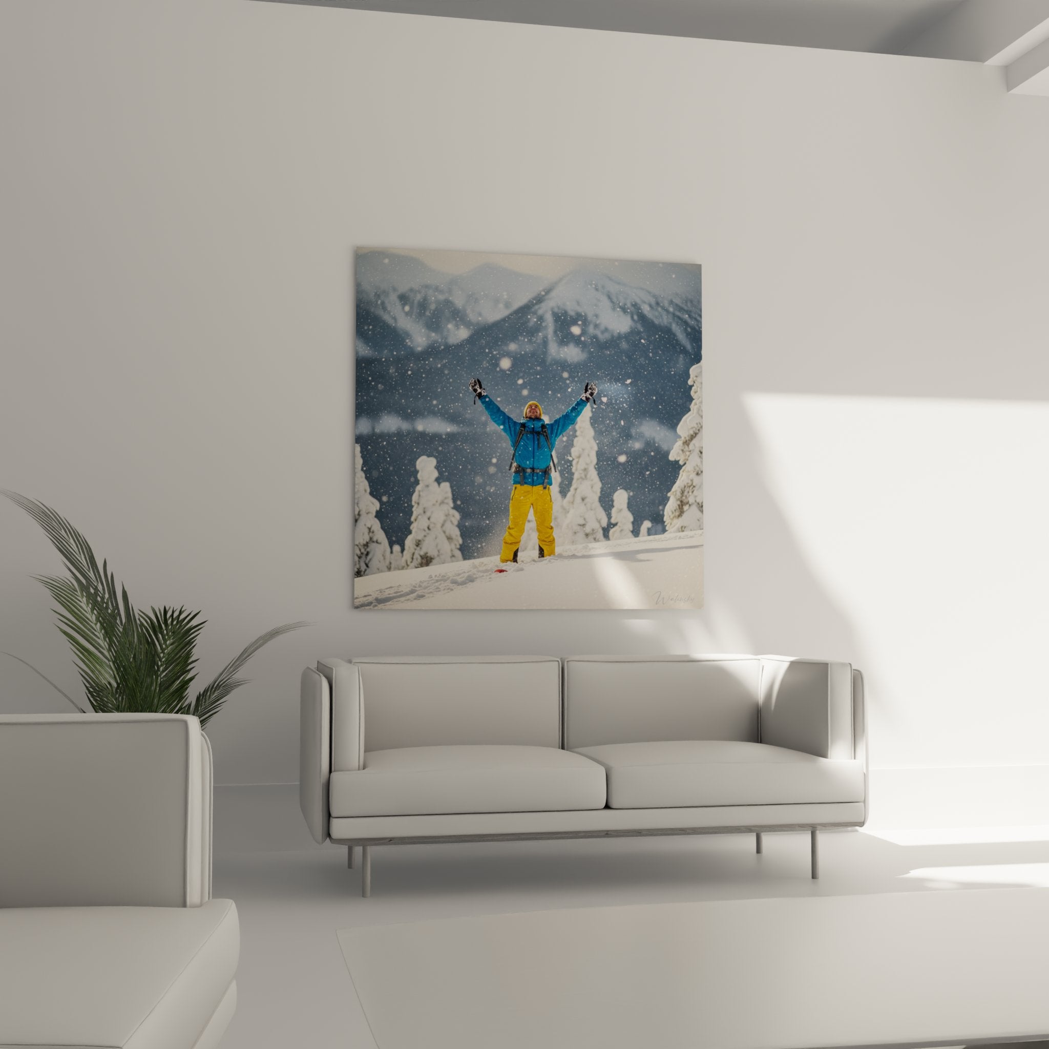 Detail tableau skieur veste bleue pantalon jaune celebration victoire montagne neige