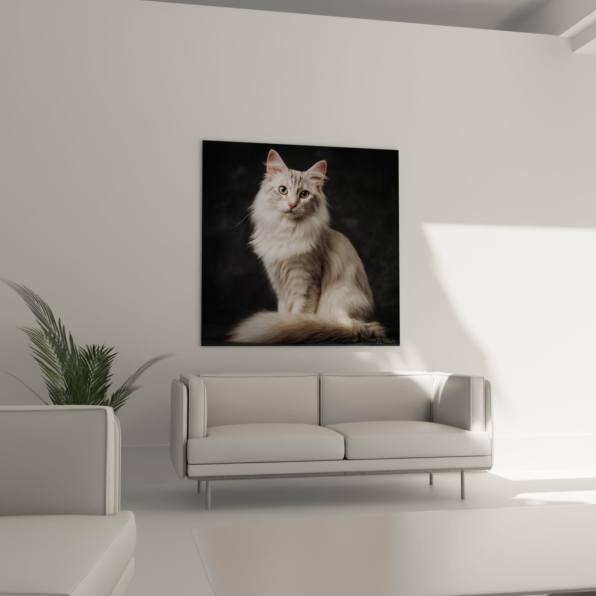Close-up Turkish Angora cat painting silky white coat expressive golden eyes wall art