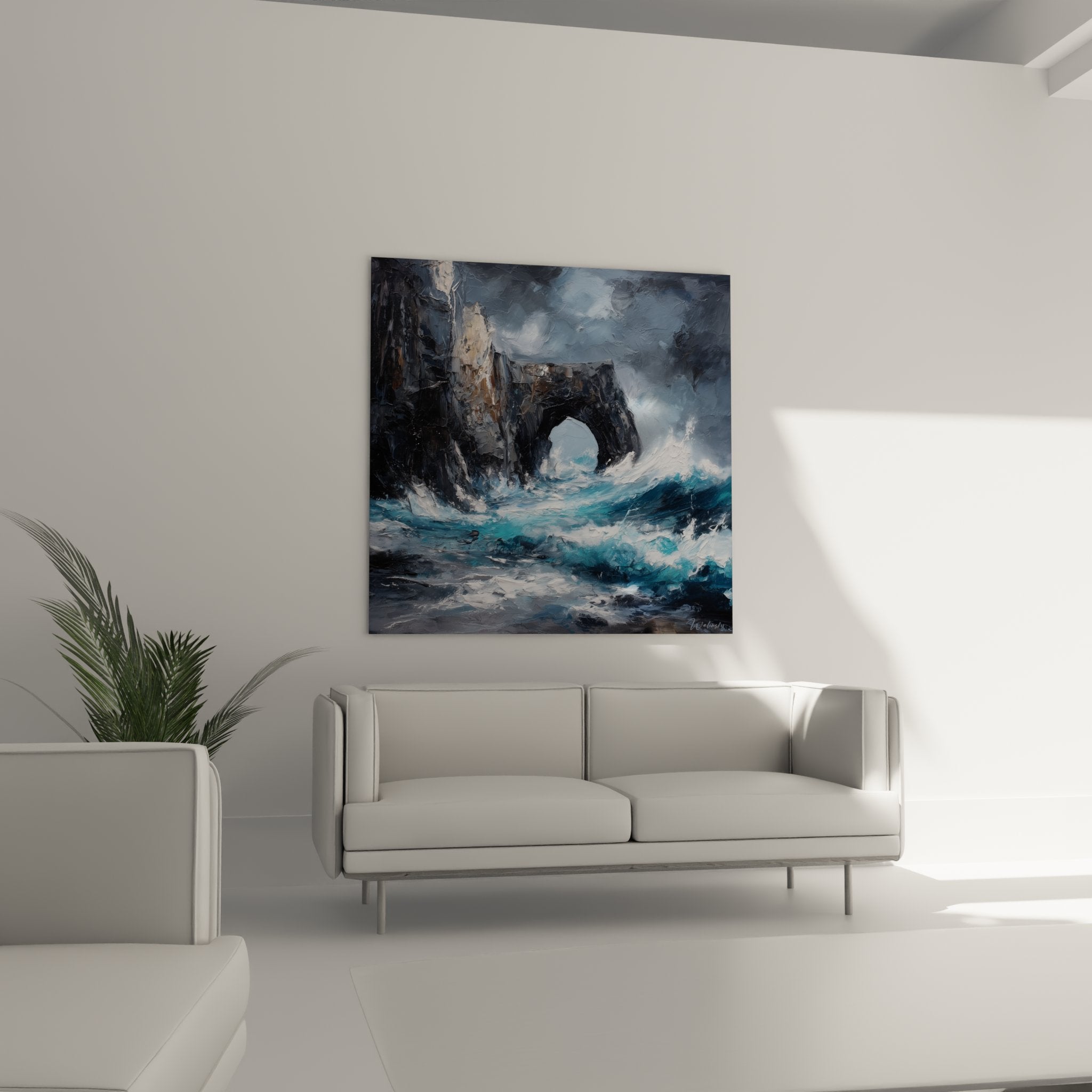 Dettaglio pittura texture impasto onde schiuma arco roccioso tecnica pittorica marina normandia