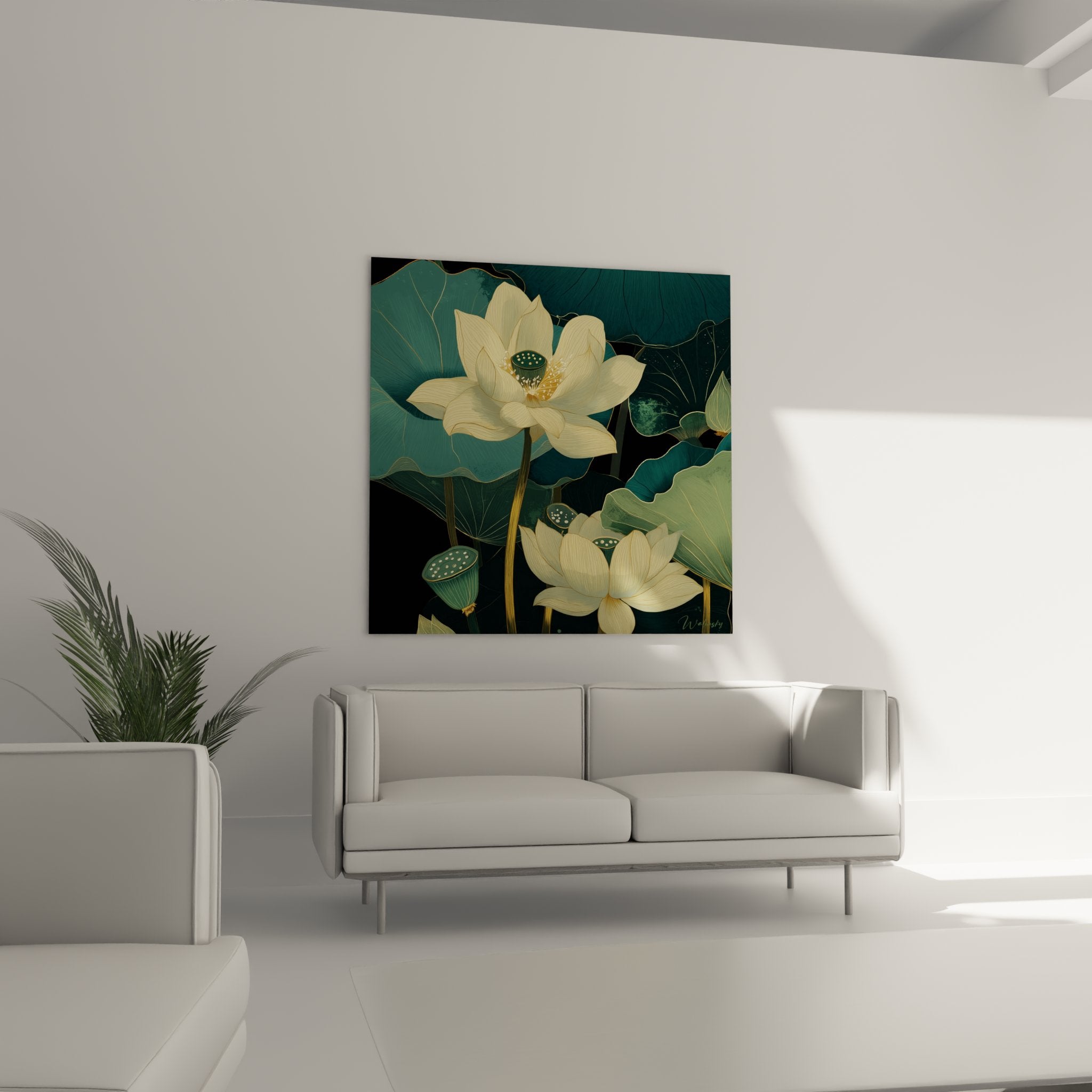 Dettaglio fiore di loto dorato in stile art déco con petali finemente disegnati e semi bianchi