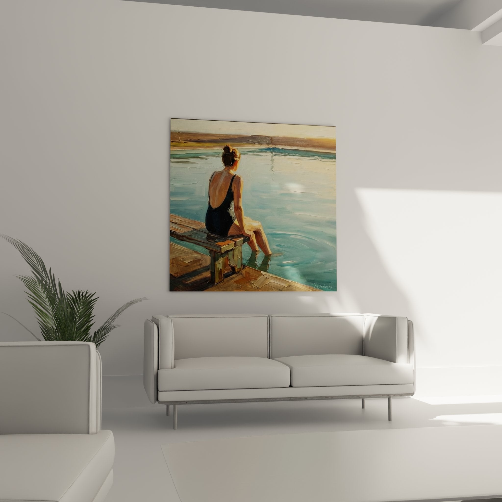 Détail peinture femme nageuse assise ponton bois pieds dans eau turquoise style impressionniste moderne