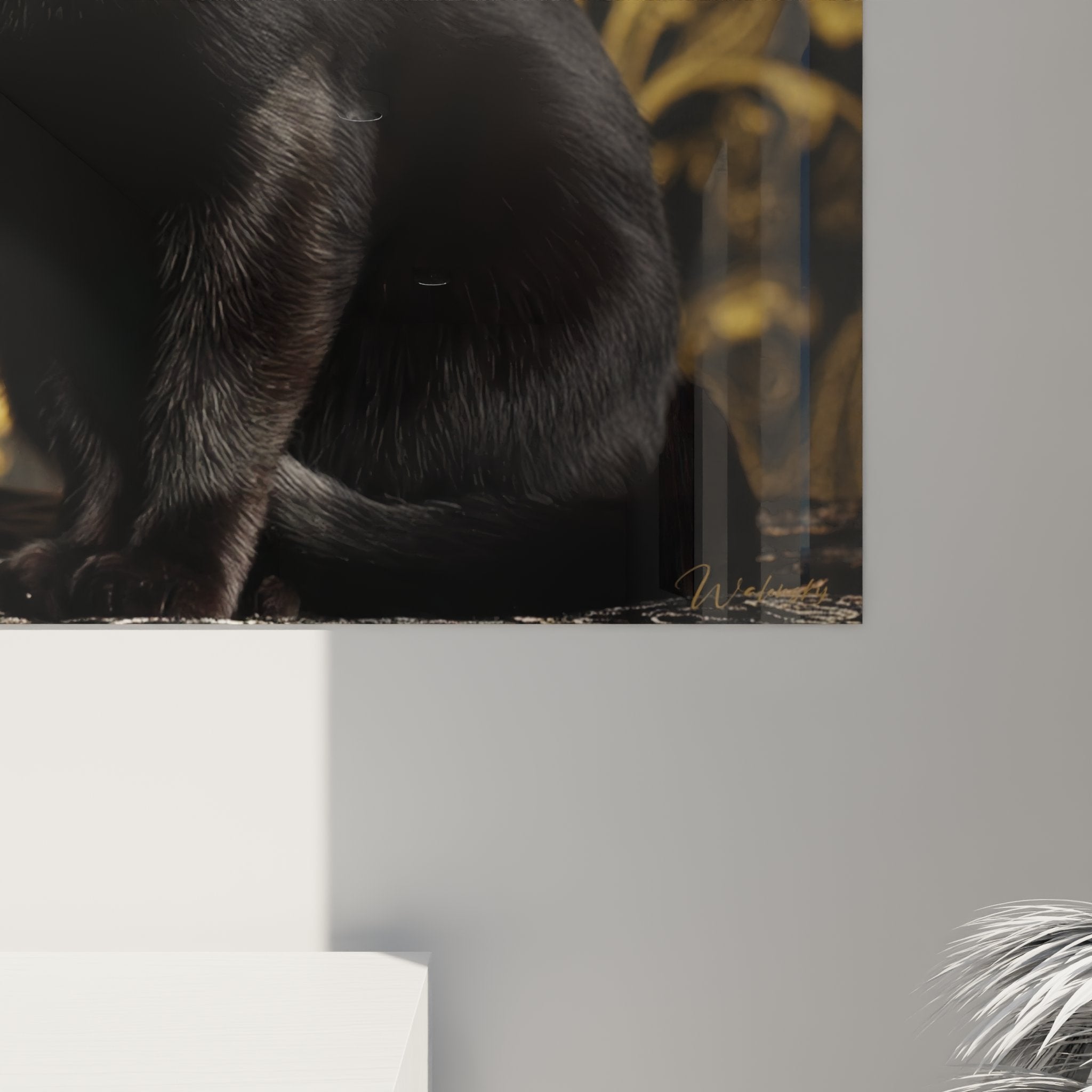 Veduta completa quadro murale gatto Bombay in soggiorno contemporaneo con illuminazione