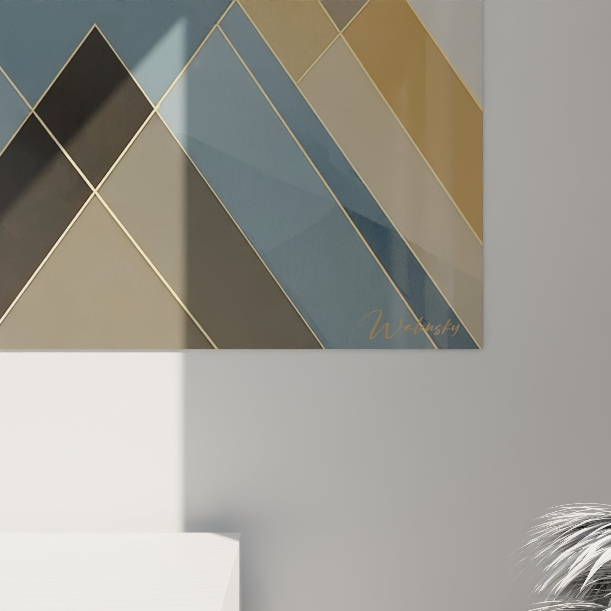 Gesamtansicht Gemälde geometrische Alpengipfel modernes Wohnzimmer Wanddekoration zeitgenössisches Design