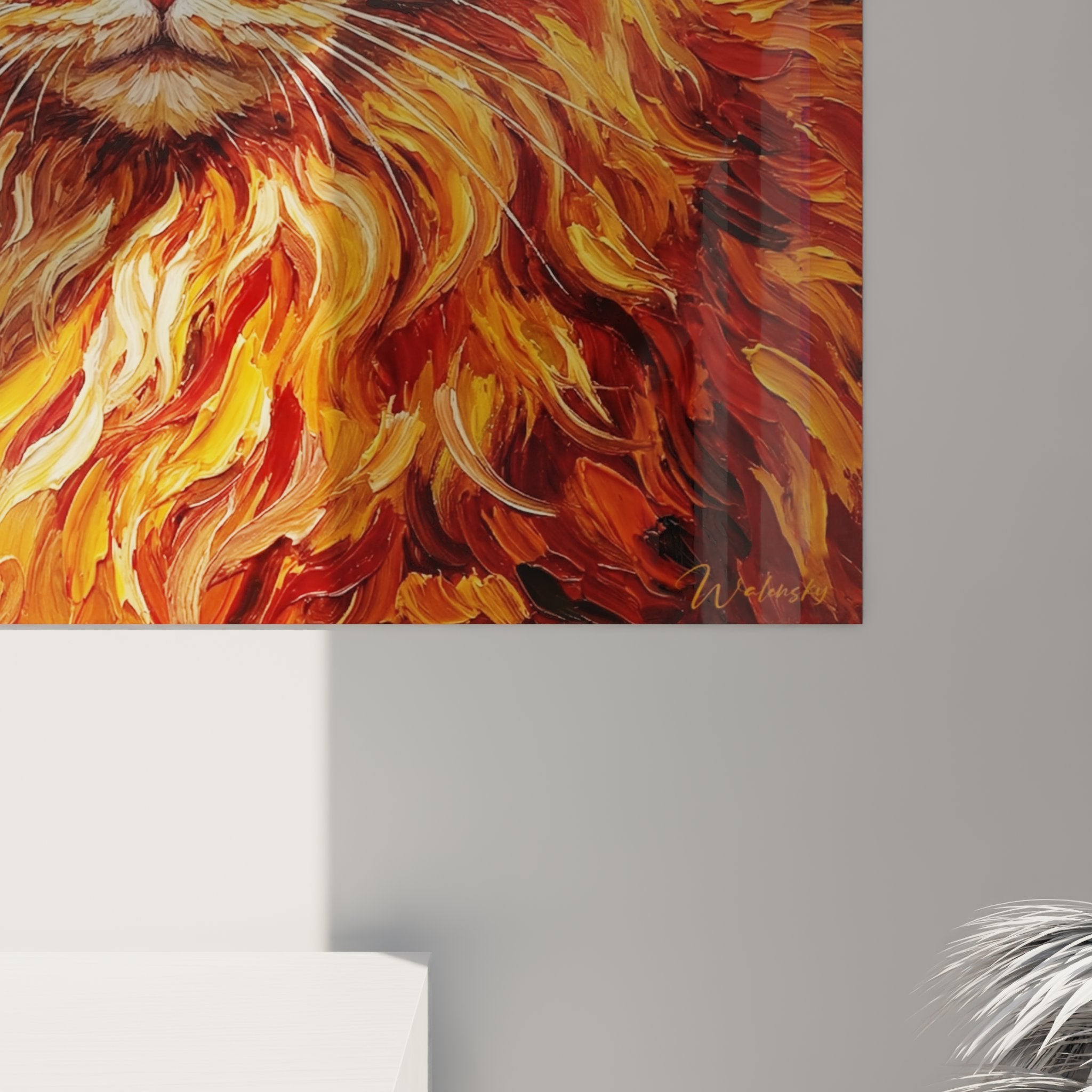 Vista d'insieme quadro gatto rosso autunnale salotto decorazione murale Norwegian Forest Cat stile contemporaneo