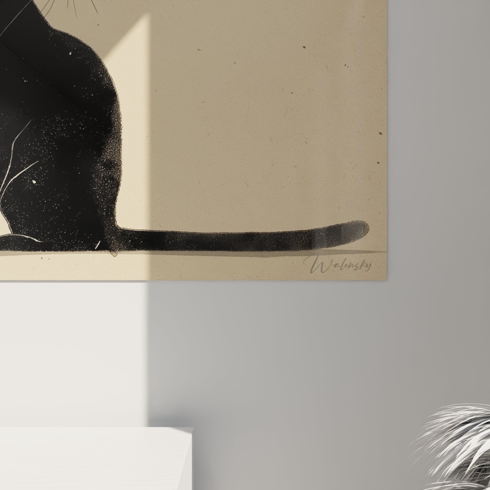 Vue ensemble tableau mural chat noir bambou style asiatique decoration interieur moderne