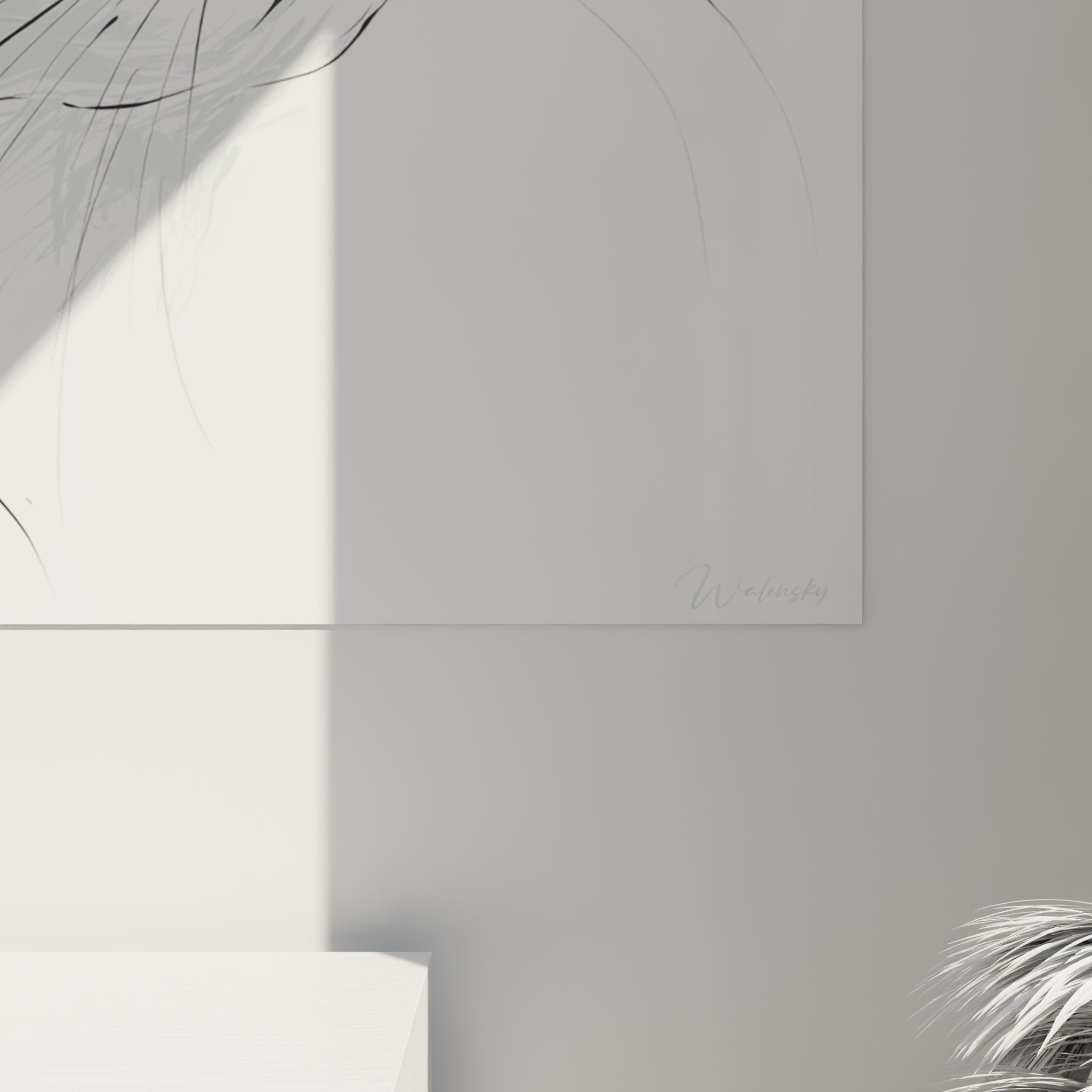 Overall view of minimalist Burmilla cat painting on white wall, modern wall art for contemporary interior