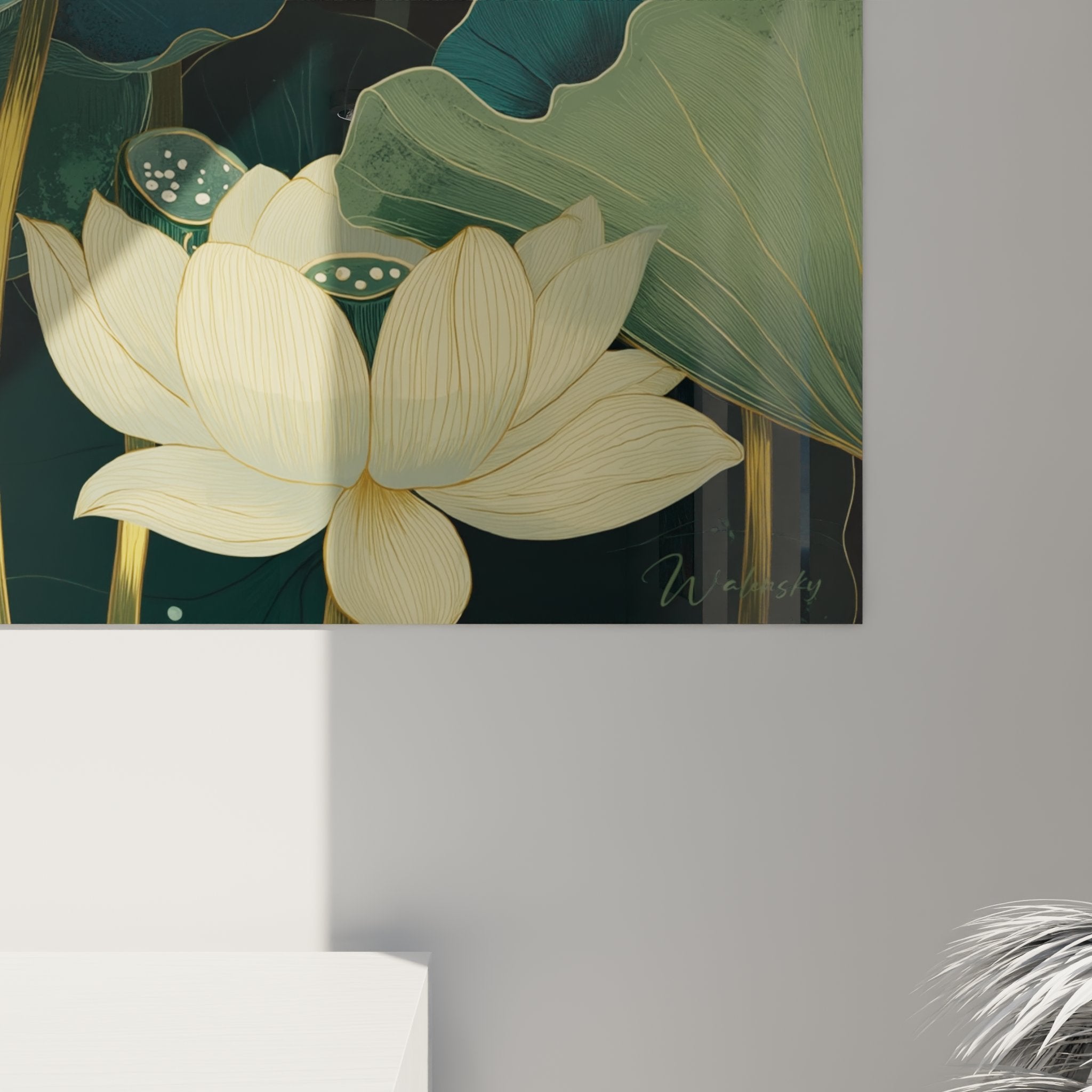 Panoramica quadro arte déco loto dorato, composizione floreale su sfondo verde turchese sfumato