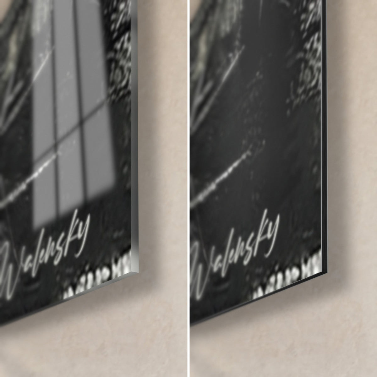 Wall art runner fragmented into orange and red facets, glossy glass corner bottom right and matte black Dibond, 3 mm edge