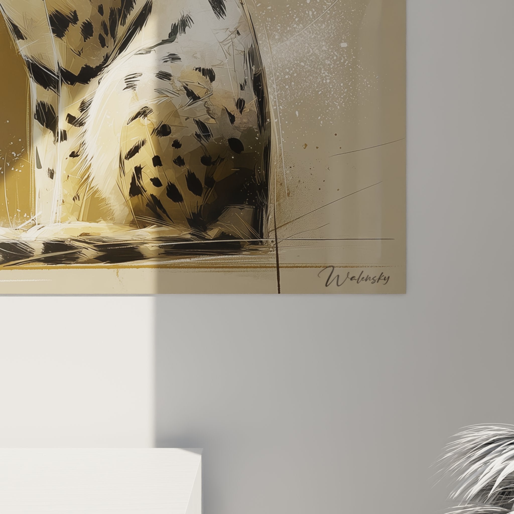 Vue ensemble tableau mural chat Savannah decoration interieure moderne art animalier contemporain